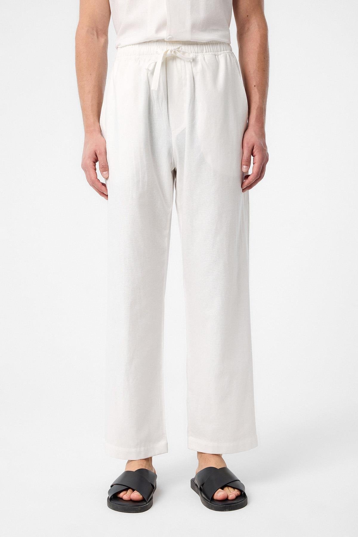 Antioch-Ekru Keten Karışımlı Jogger Erkek Pantolon-Kumaş Pantolon-1-Milagron.com