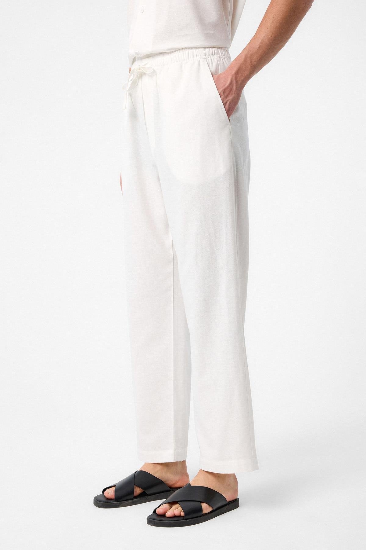 Antioch-Ekru Keten Karışımlı Jogger Erkek Pantolon-Kumaş Pantolon-3-Milagron.com