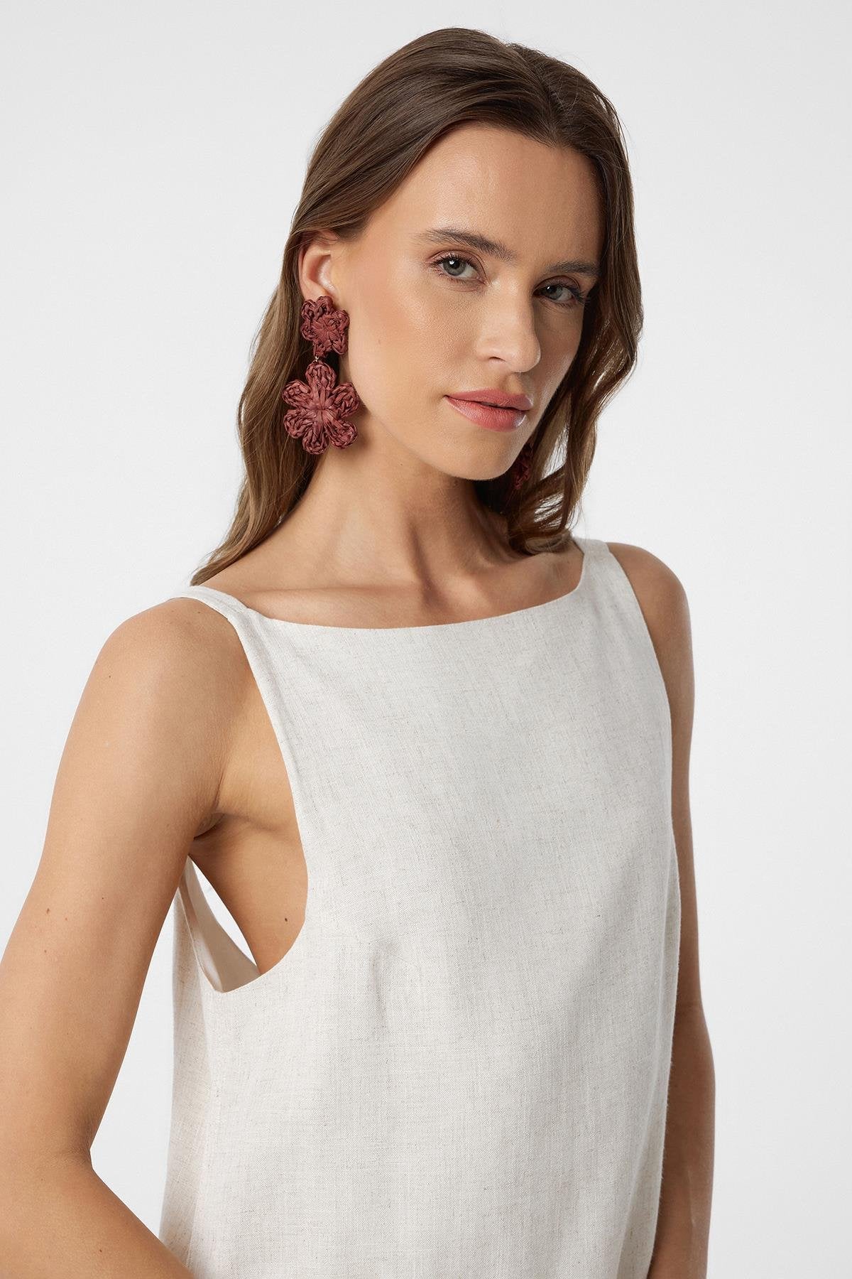 Antioch-Ekru Keten Karışımlı Kadın Mini Elbise-Elbise-3-Milagron.com