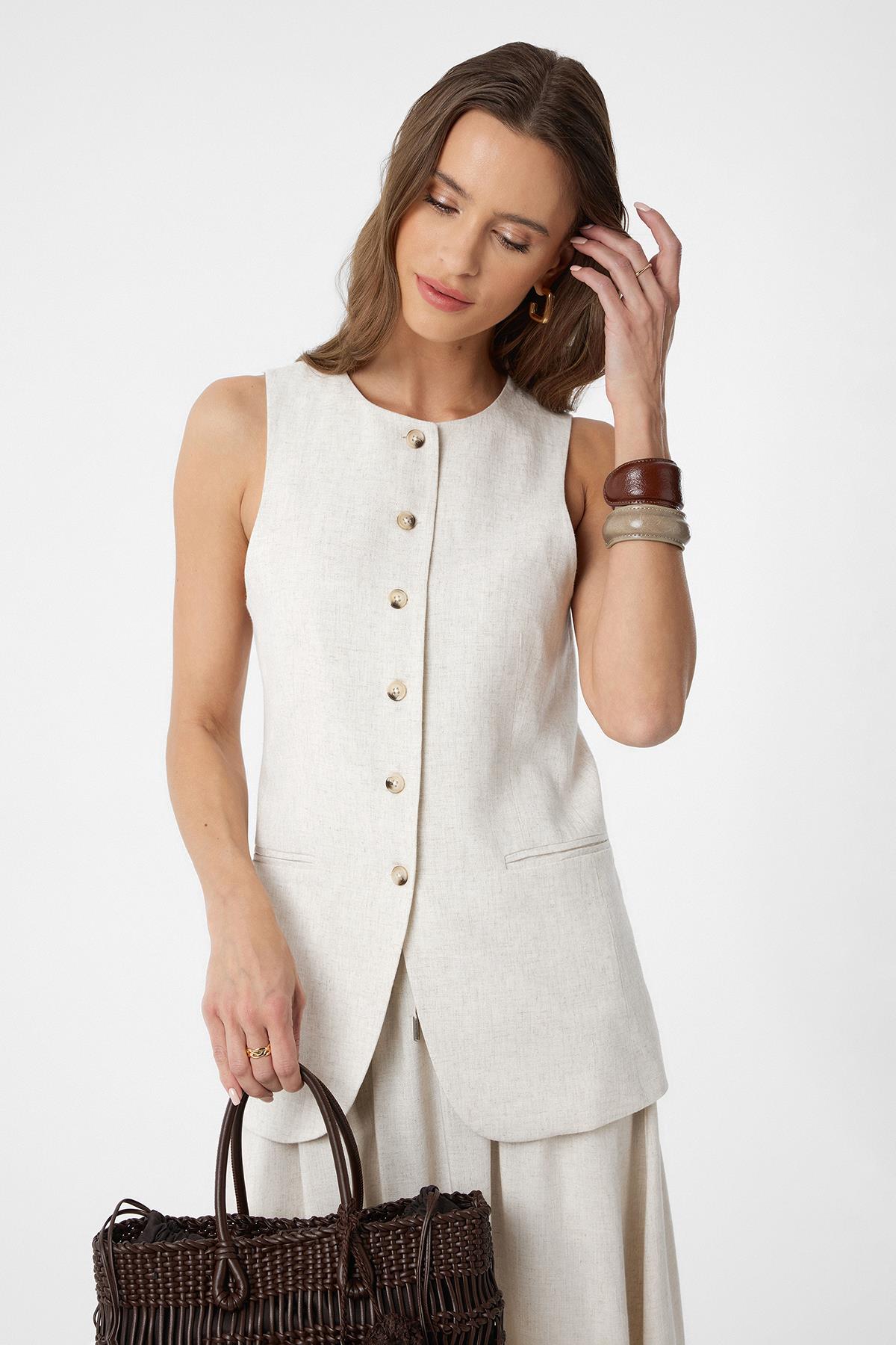 Antioch-Ekru Keten Karışımlı Kadın Uzun Yelek-Yelek-1-Milagron.com