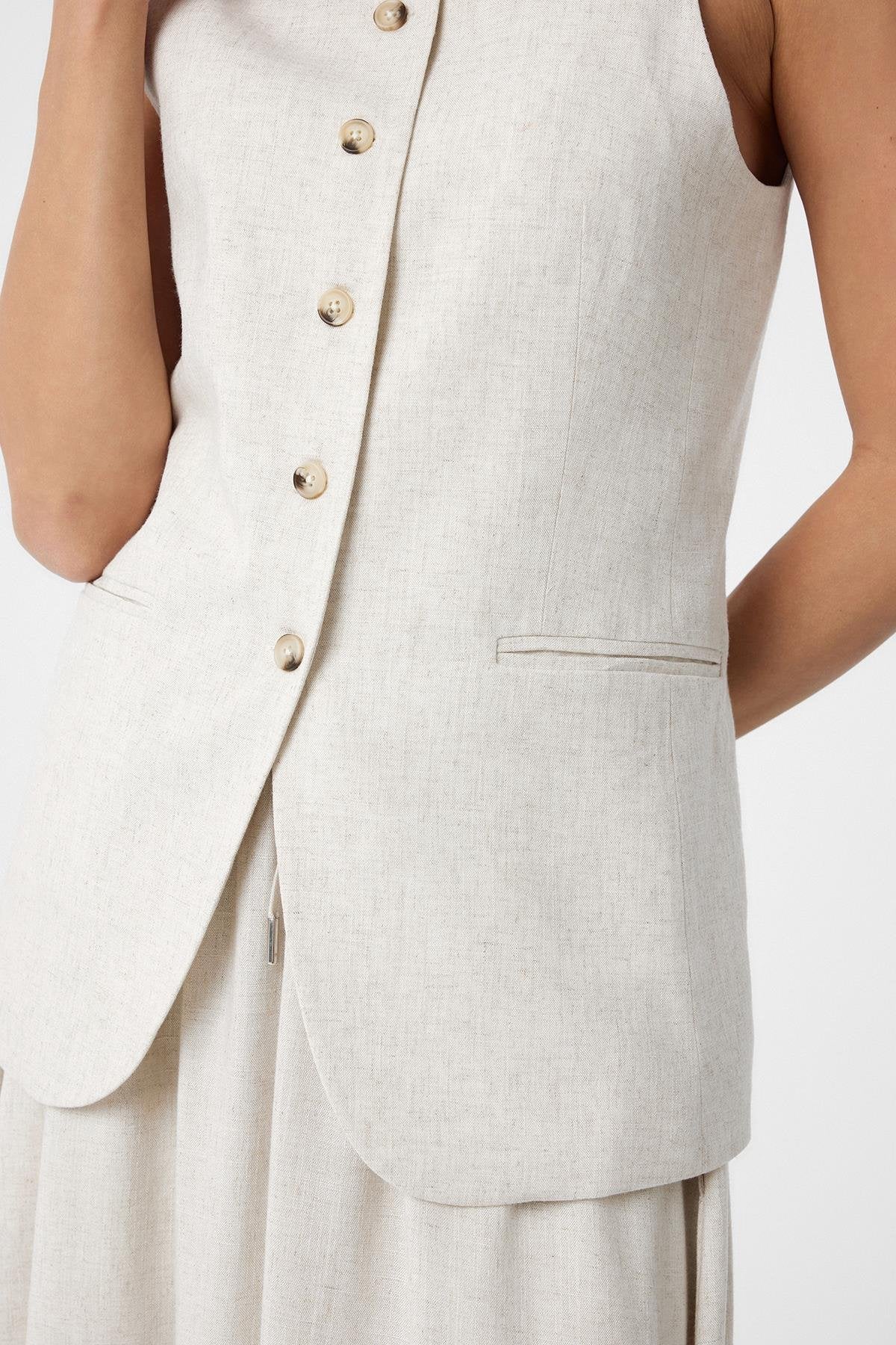 Antioch-Ekru Keten Karışımlı Kadın Uzun Yelek-Yelek-3-Milagron.com