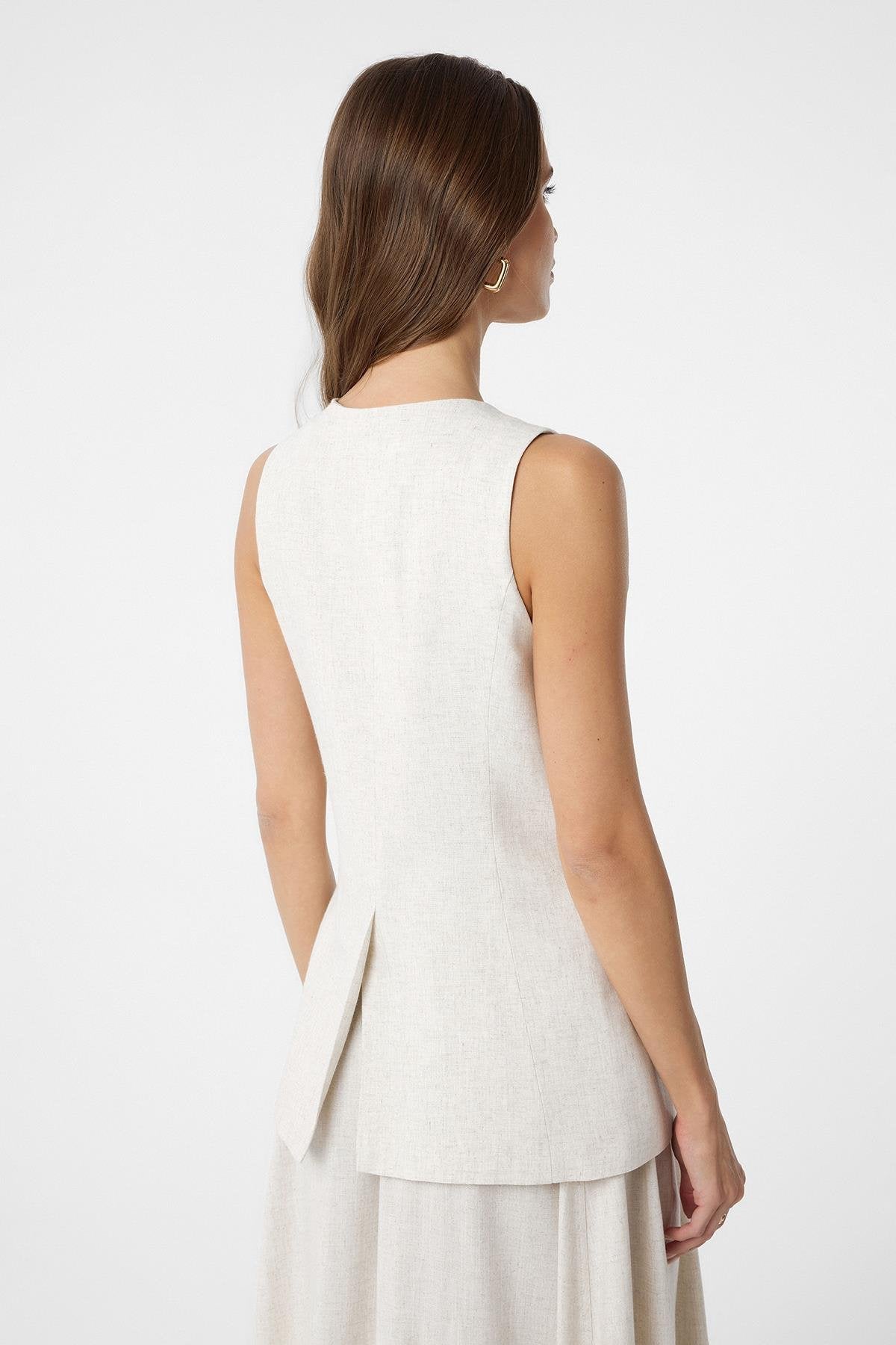 Antioch-Ekru Keten Karışımlı Kadın Uzun Yelek-Yelek-4-Milagron.com