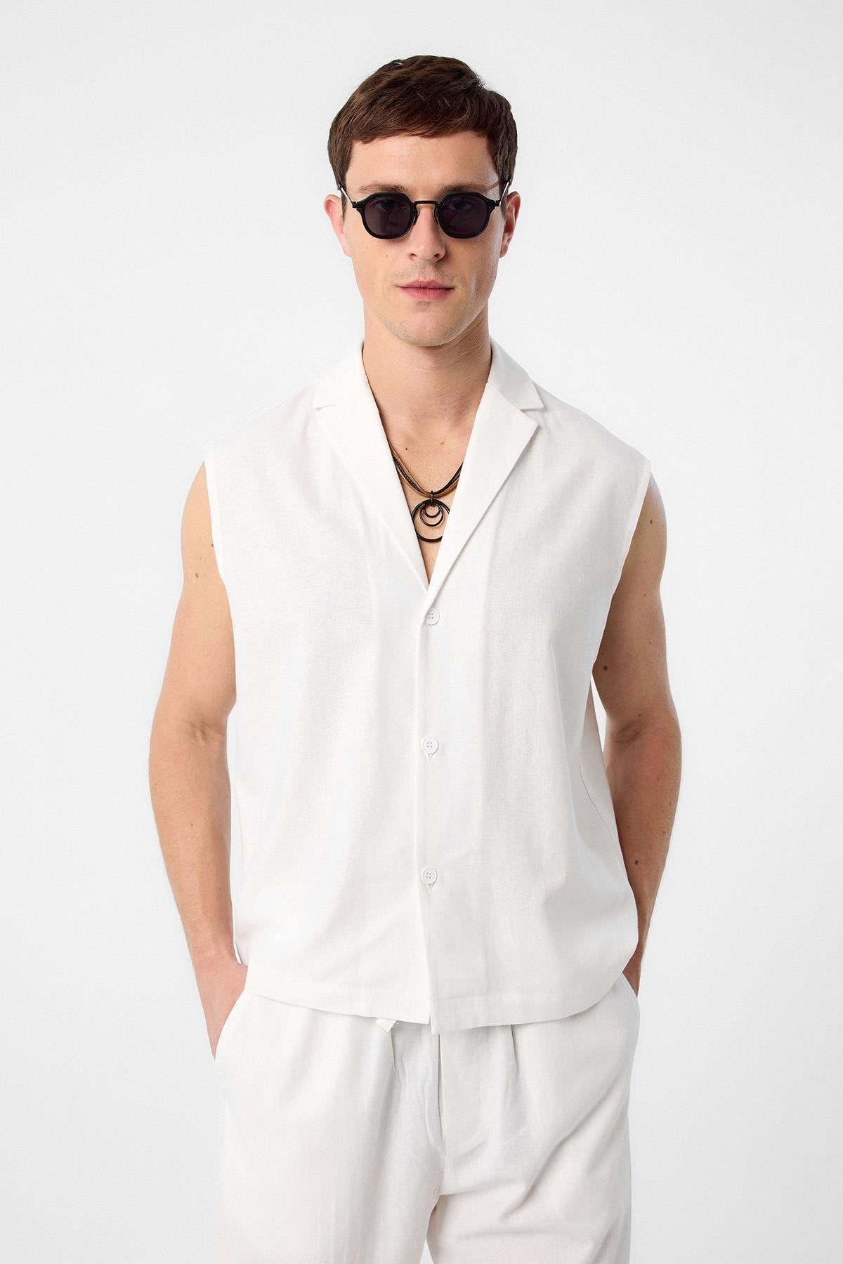 Antioch-Ekru Keten Karışımlı Kolsuz Erkek Gömlek-Gömlek-1-Milagron.com