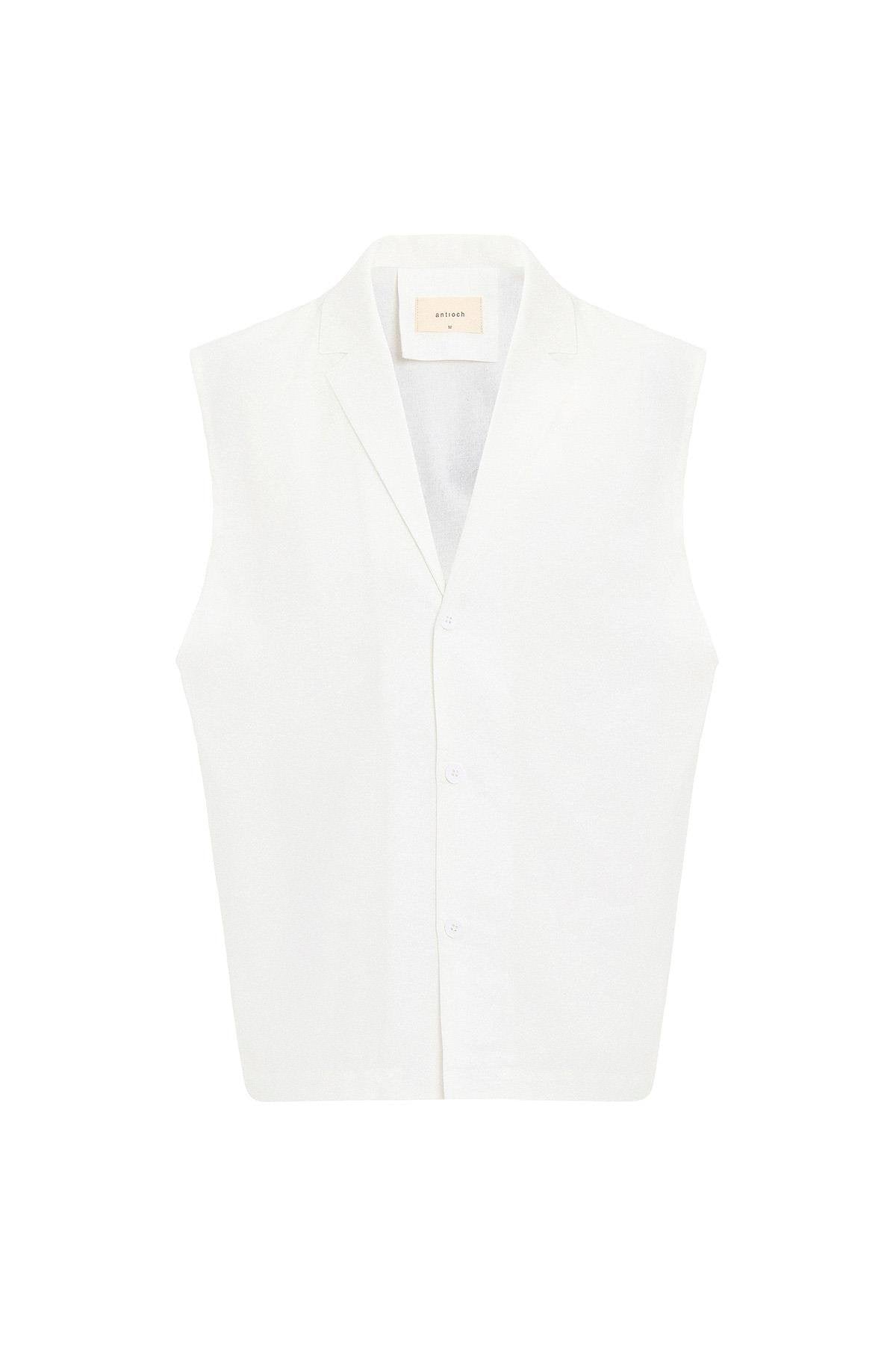 Antioch-Ekru Keten Karışımlı Kolsuz Erkek Gömlek-Gömlek-5-Milagron.com