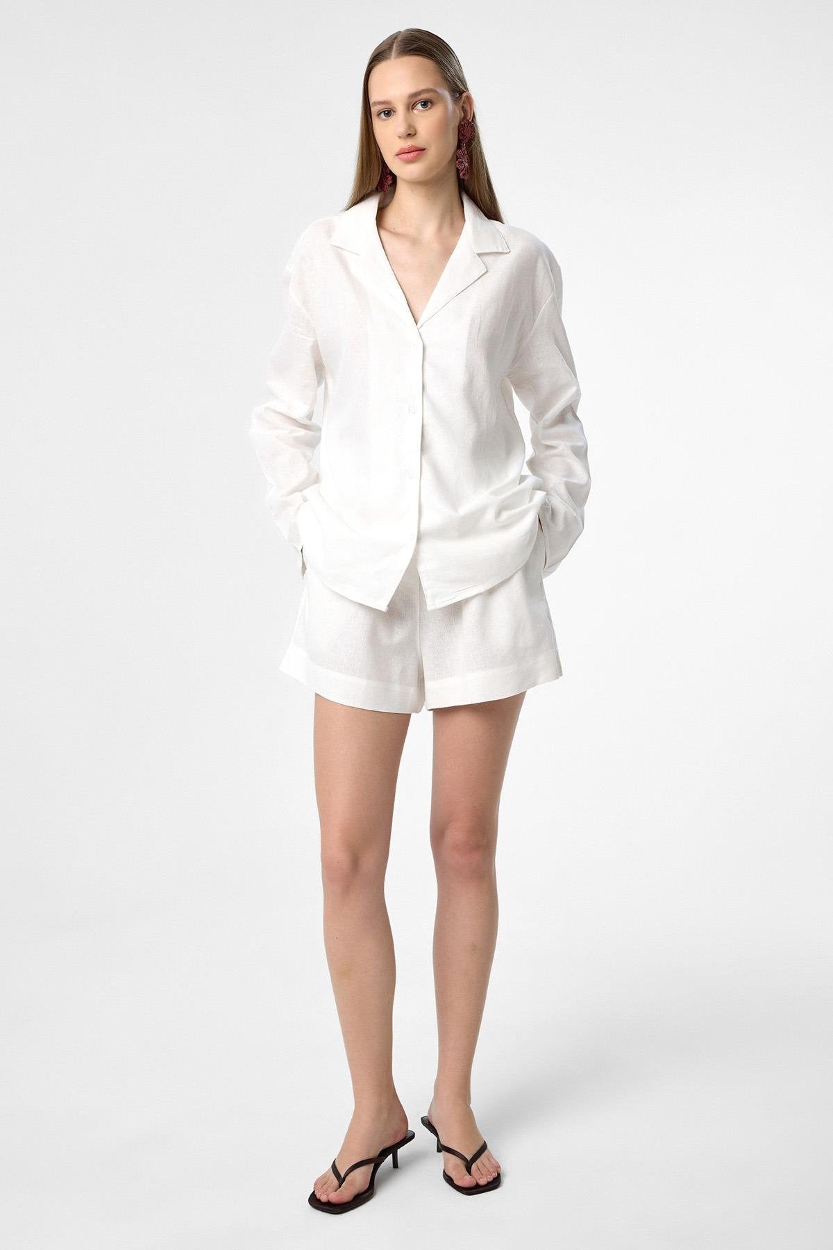 Antioch-Ekru Keten Karışımlı Şort Gömlek Kadın Takım-Alt - Üst Takım-1-Milagron.com
