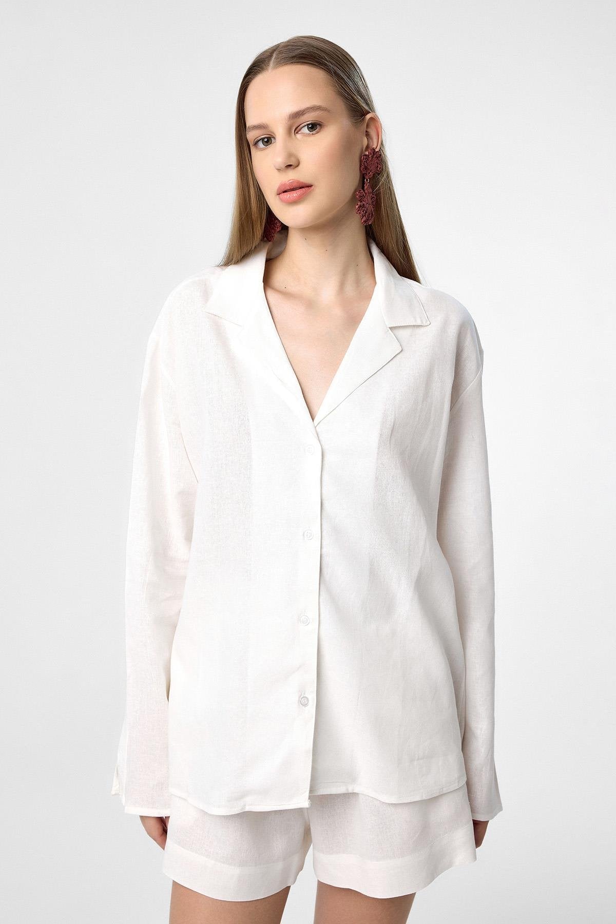 Antioch-Ekru Keten Karışımlı Şort Gömlek Kadın Takım-Alt - Üst Takım-2-Milagron.com