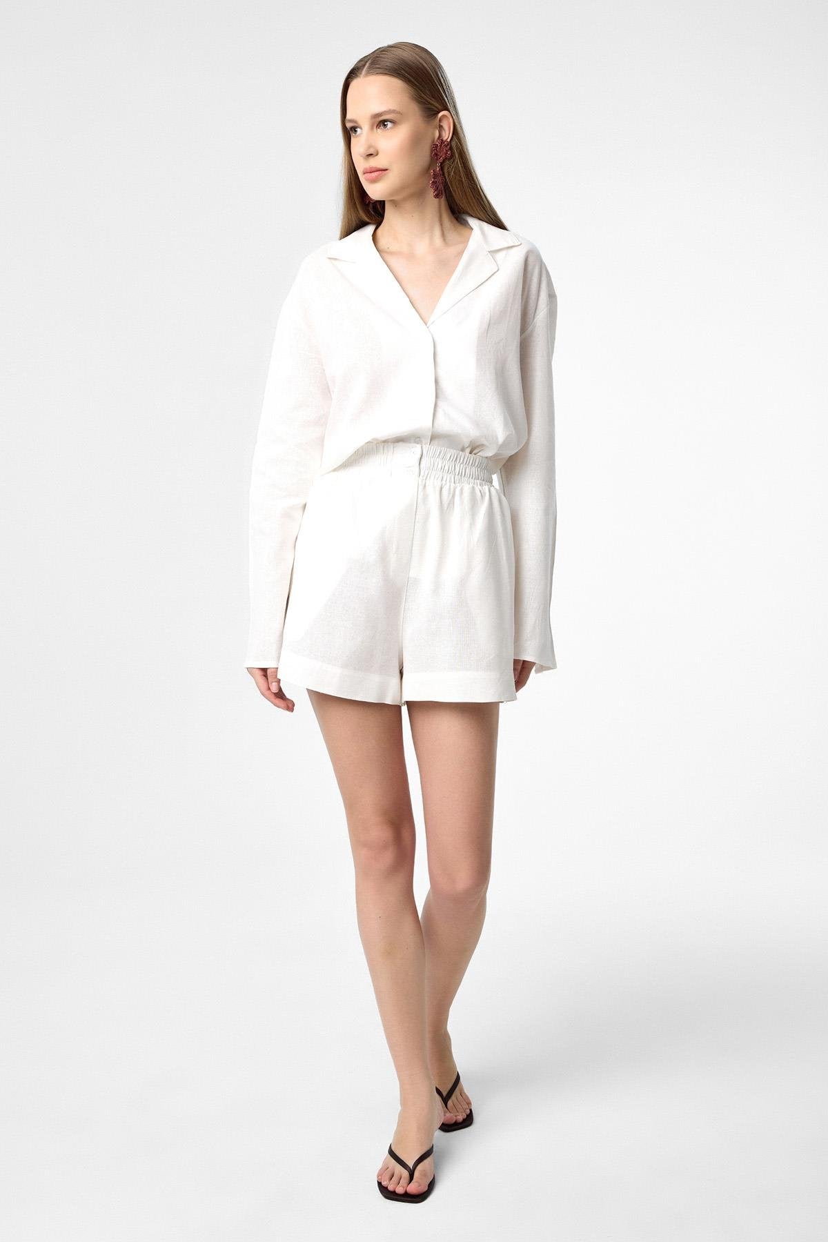 Antioch-Ekru Keten Karışımlı Şort Gömlek Kadın Takım-Alt - Üst Takım-3-Milagron.com