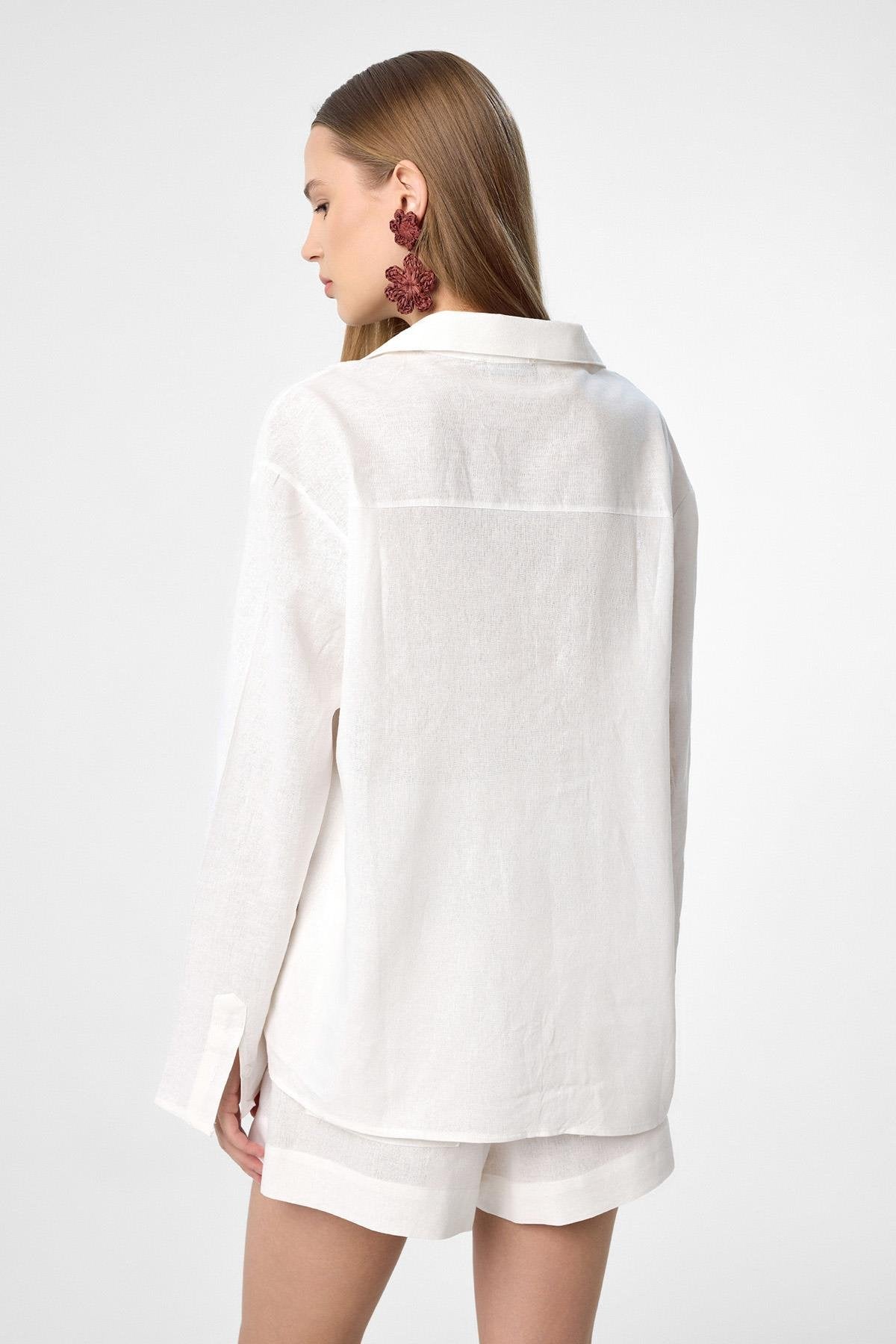 Antioch-Ekru Keten Karışımlı Şort Gömlek Kadın Takım-Alt - Üst Takım-7-Milagron.com