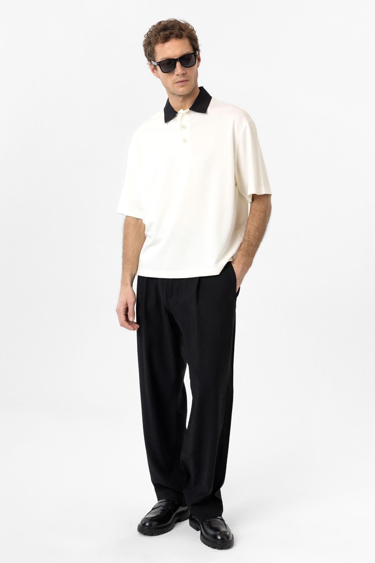 Antioch-Ekru Kontrast Yaka İnterlok Dokulu Erkek T Shirt-T-Shirt-2-Milagron.com