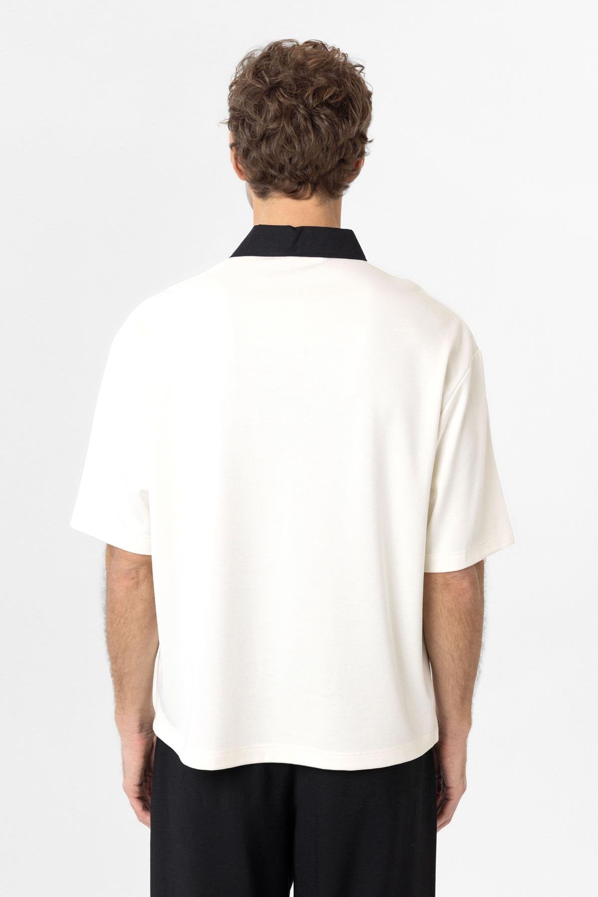 Antioch-Ekru Kontrast Yaka İnterlok Dokulu Erkek T Shirt-T-Shirt-5-Milagron.com