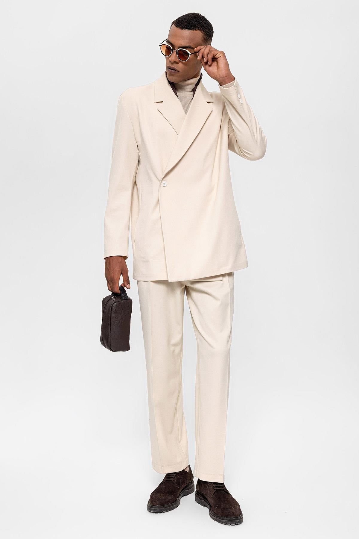 Antioch-Ekru Kruvaze Kapama Gizli Cep Erkek Blazer Ceket-Ceket-5-Milagron.com