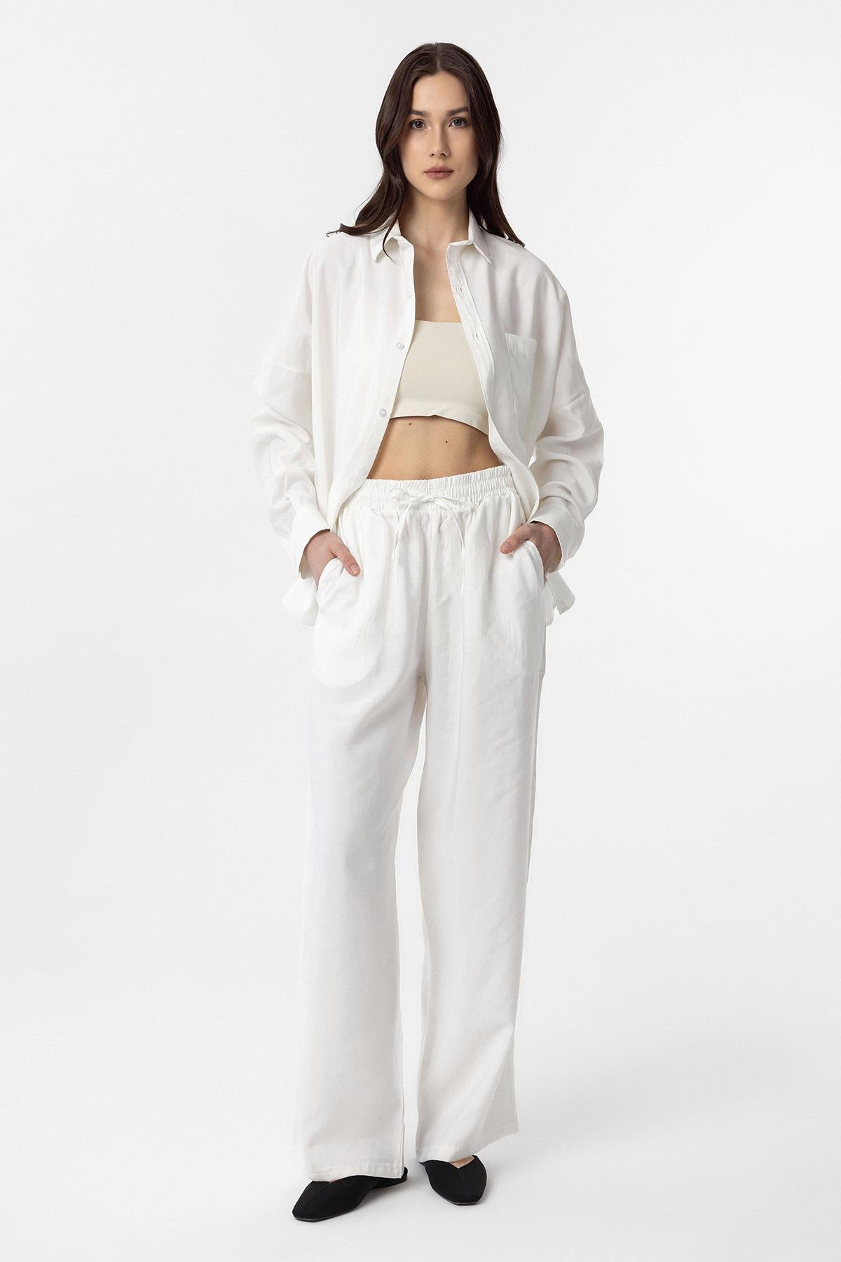 Antioch-Ekru Modal Kadın Gömlek Pantolon Takım-Alt - Üst Takım-2-Milagron.com