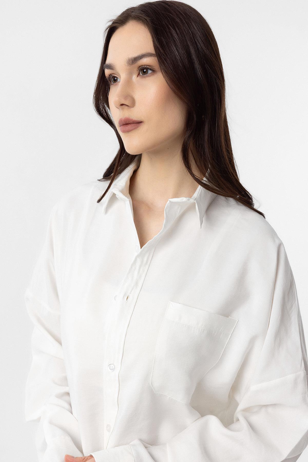 Antioch-Ekru Modal Kadın Gömlek Pantolon Takım-Alt - Üst Takım-3-Milagron.com