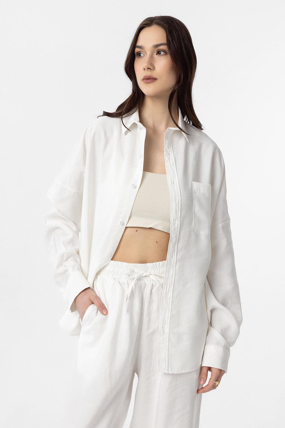 Antioch-Ekru Modal Kadın Gömlek Pantolon Takım-Alt - Üst Takım-4-Milagron.com