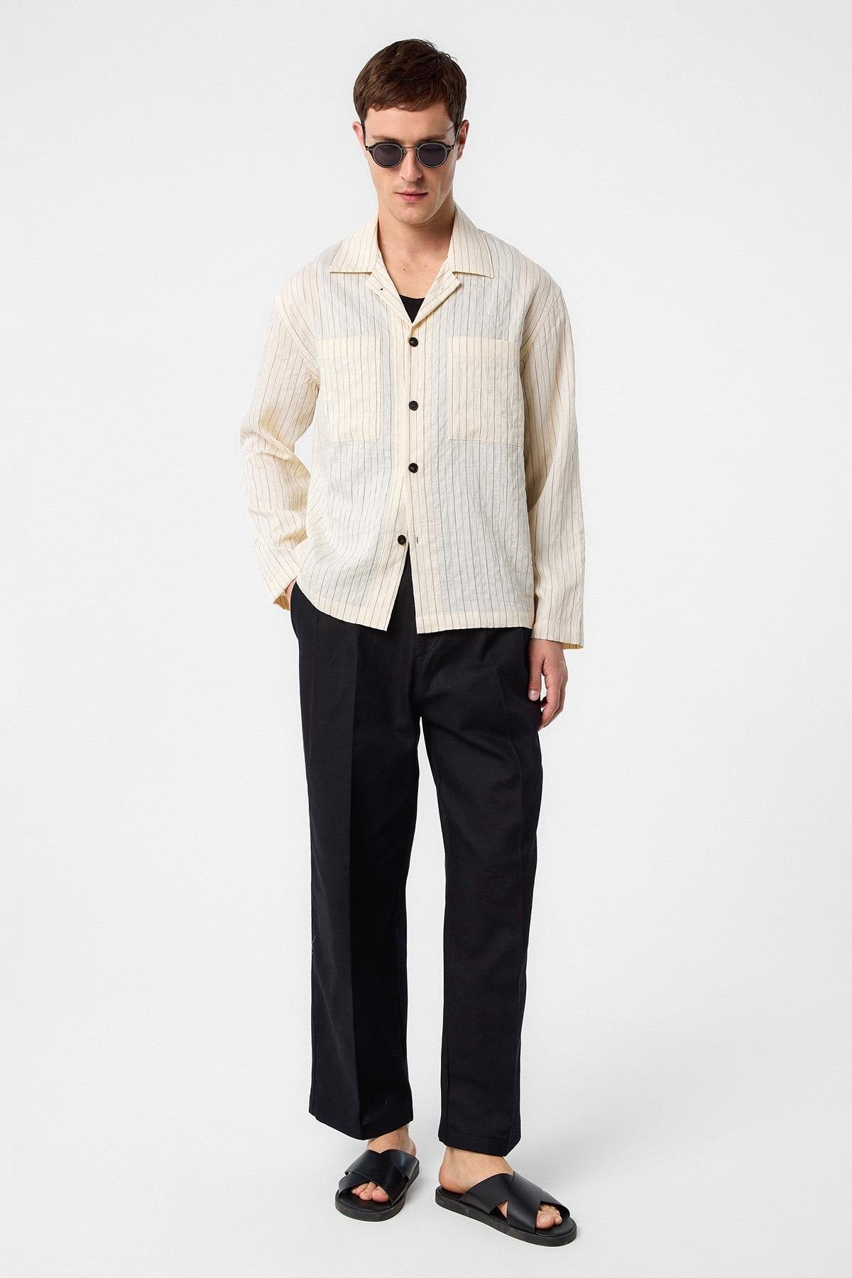 Antioch-Antioch Ekru Modal Kumaş çizgili Erkek Gömlek-Gömlek-1-Milagron.com
