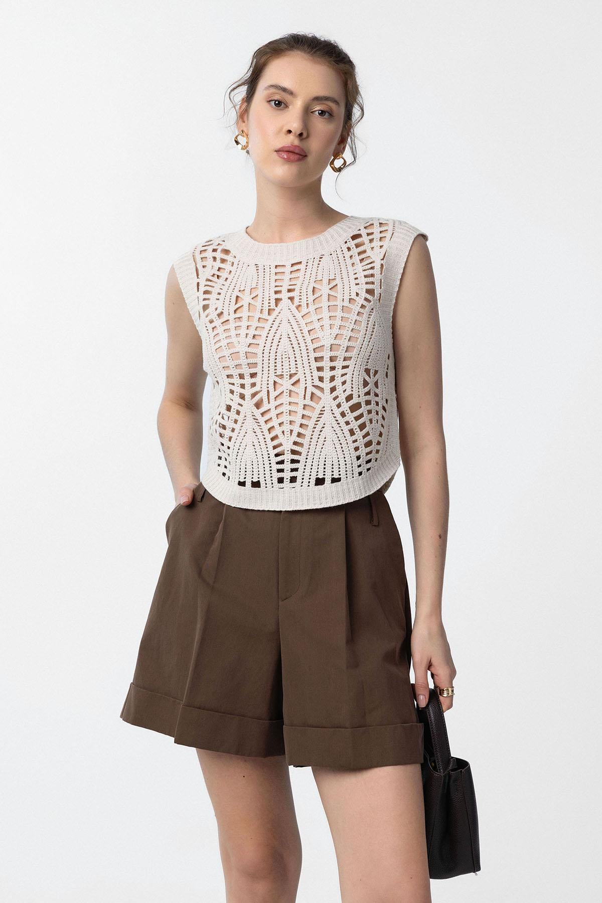 Antioch-Ekru Örgü Detaylı Kadın Yelek-Yelek-2-Milagron.com