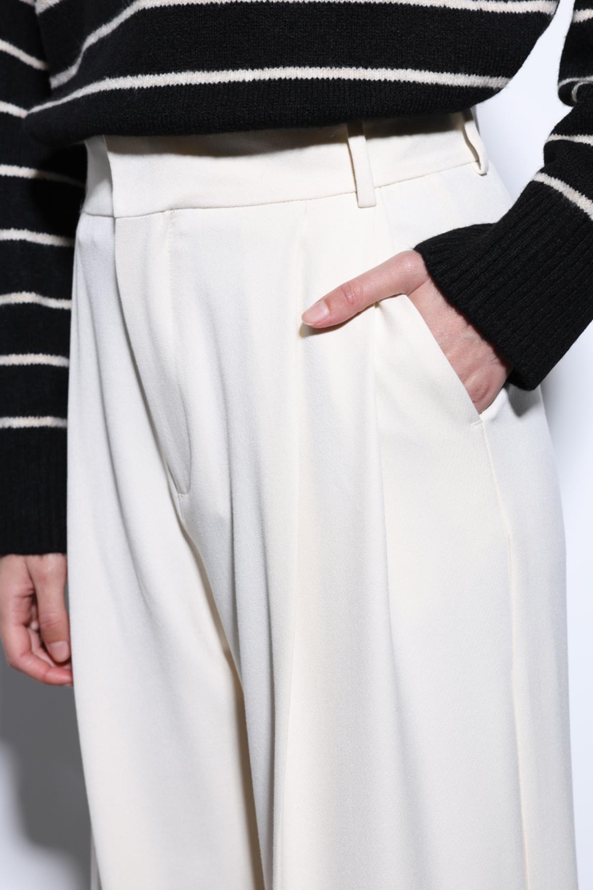 Antioch-Ekru Pileli Palazzo Kadın Pantolon-Kumaş Pantolon-5-Milagron.com