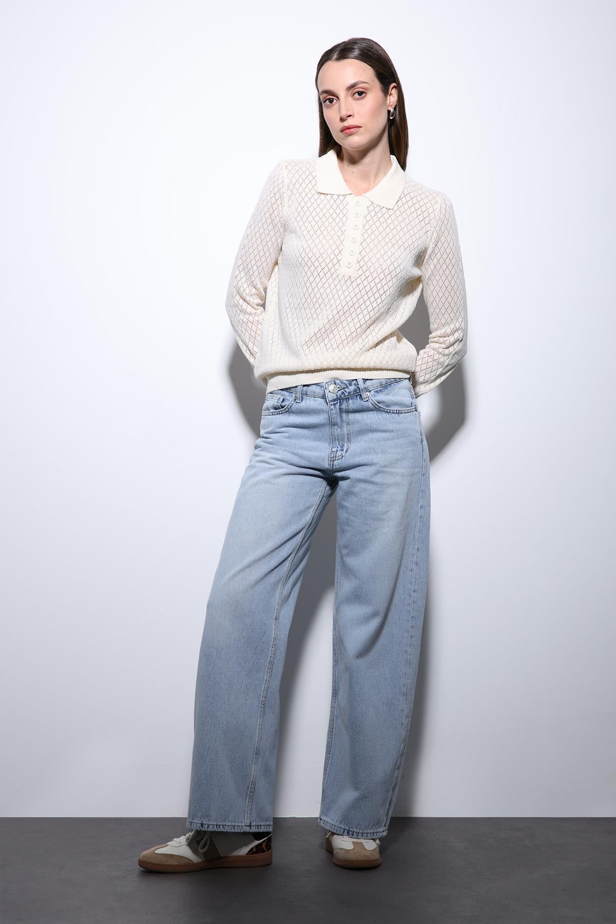 Antioch-Ekru Polo Yaka Desenli Triko Kadın Kazak-Kazak-1-Milagron.com