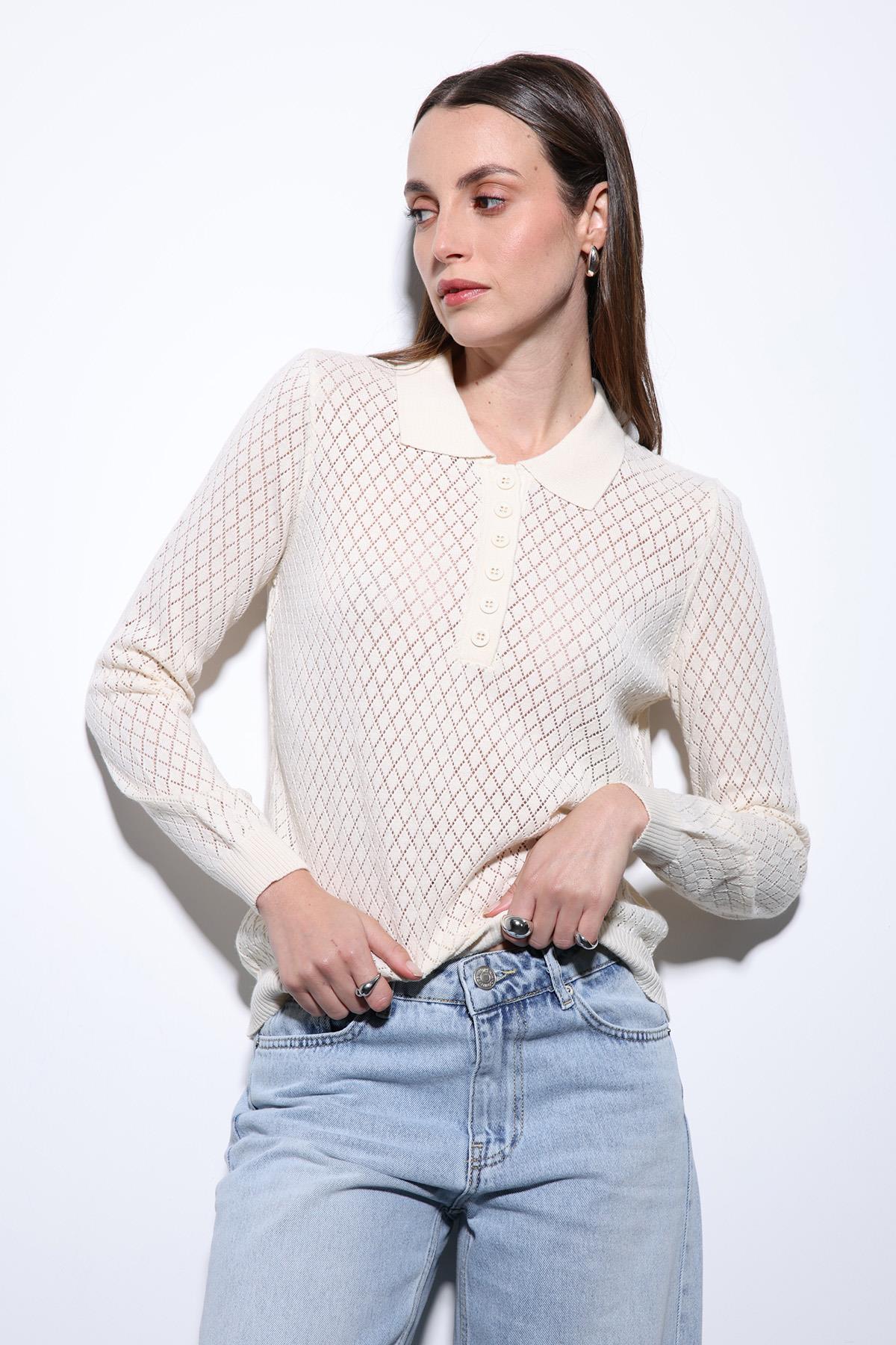 Antioch-Ekru Polo Yaka Desenli Triko Kadın Kazak-Kazak-2-Milagron.com