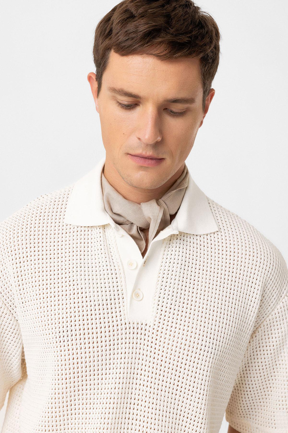 Antioch-Ekru Polo Yaka Dokulu Relaxed Erkek T Shirt-T-Shirts-3-Milagron.com