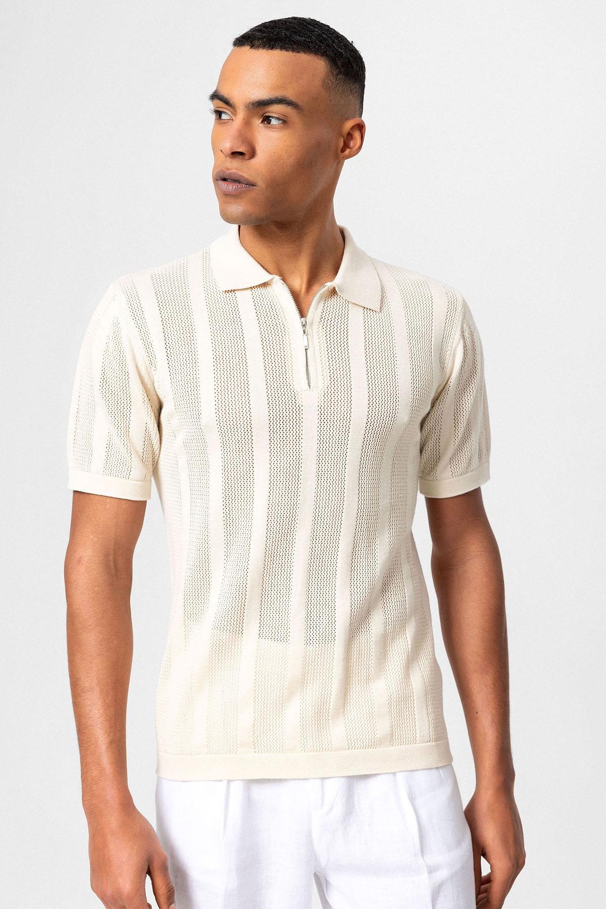 Antioch-Ekru Polo Yaka Fermuarlı Örme Erkek T Shirt-T-Shirts-1-Milagron.com