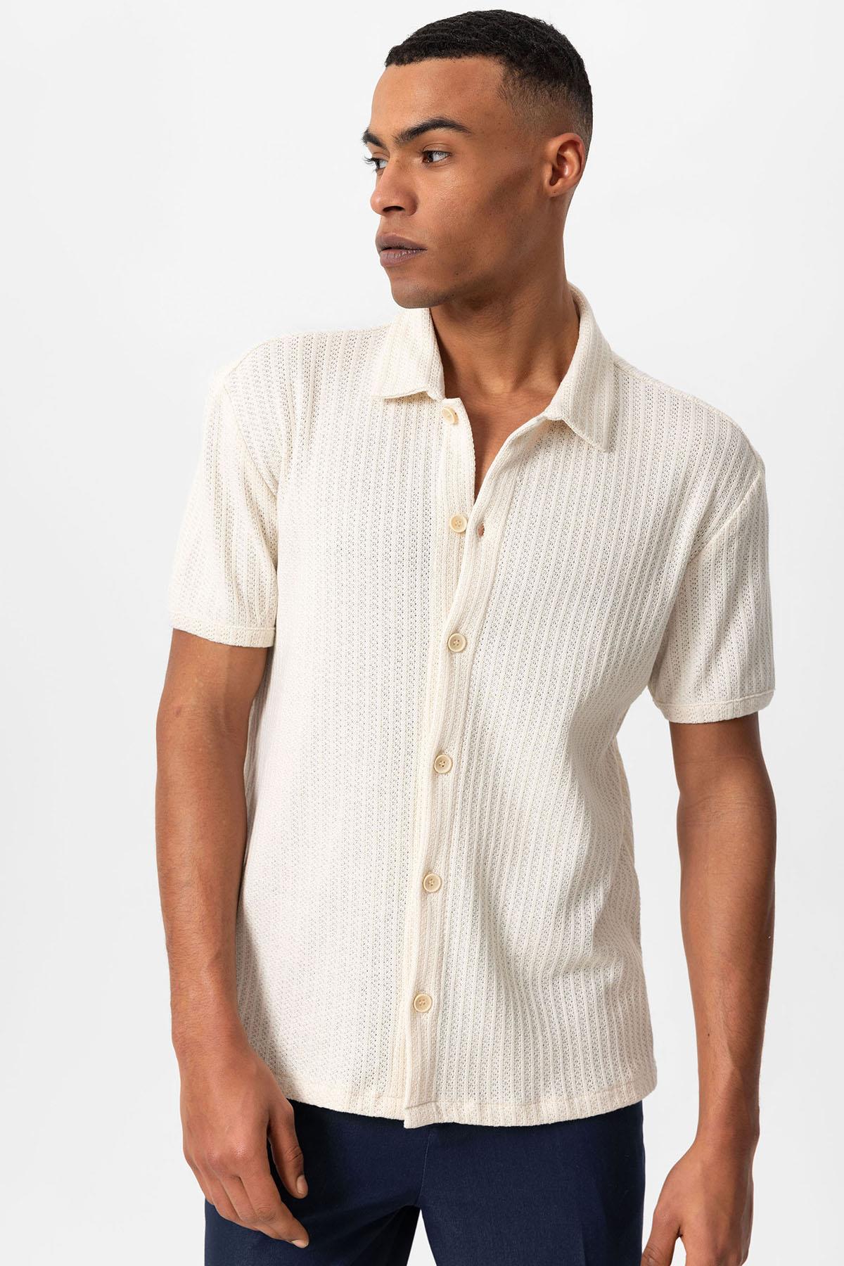 Antioch-Ekru Polo Yaka Örme Kısa Kollu Erkek Gömlek-Gömlek-4-Milagron.com