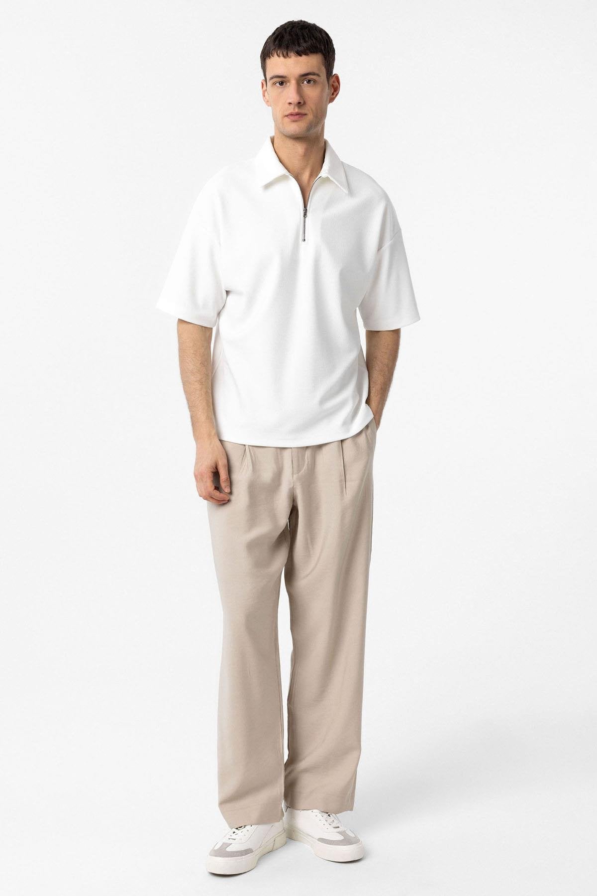 Antioch-Ekru Relax Fit Fermuarlı Polo Yaka Erkek T Shirt-T-Shirts-2-Milagron.com