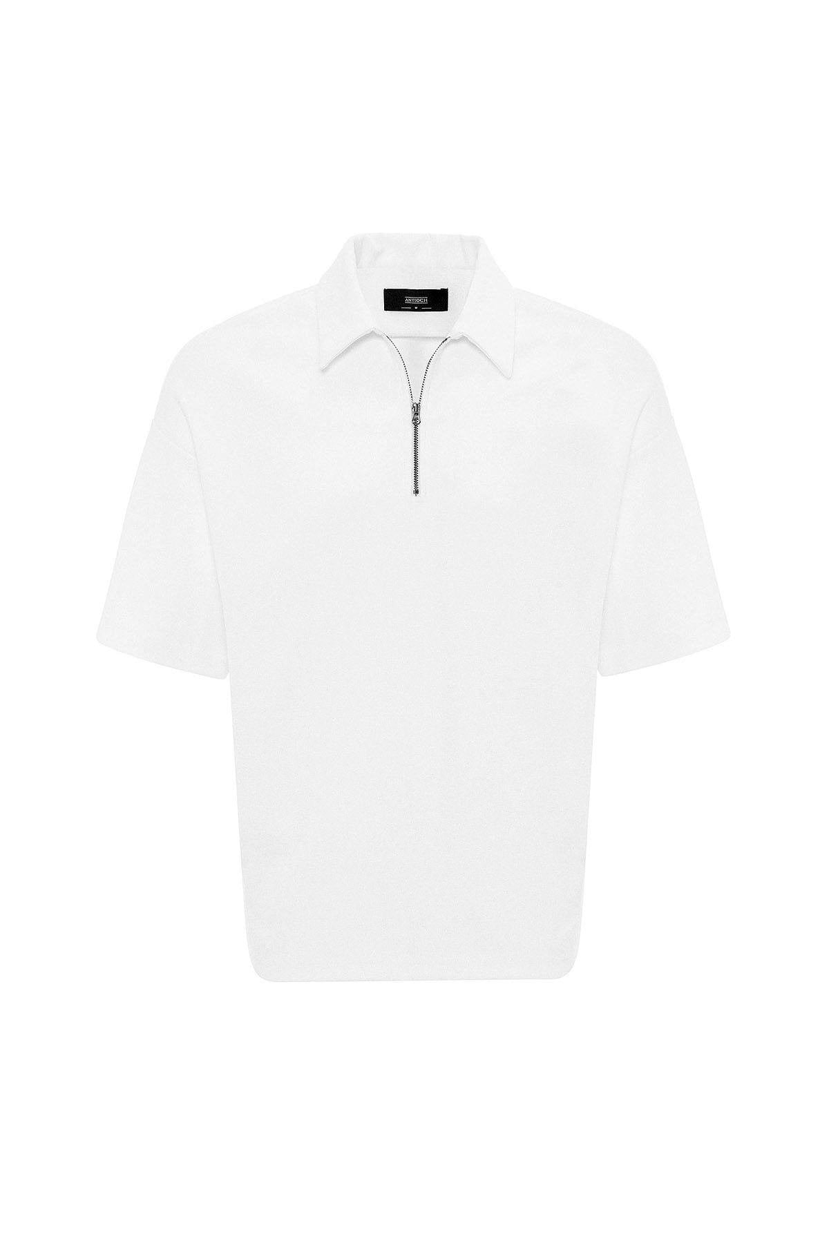 Antioch-Ekru Relax Fit Fermuarlı Polo Yaka Erkek T Shirt-T-Shirts-5-Milagron.com