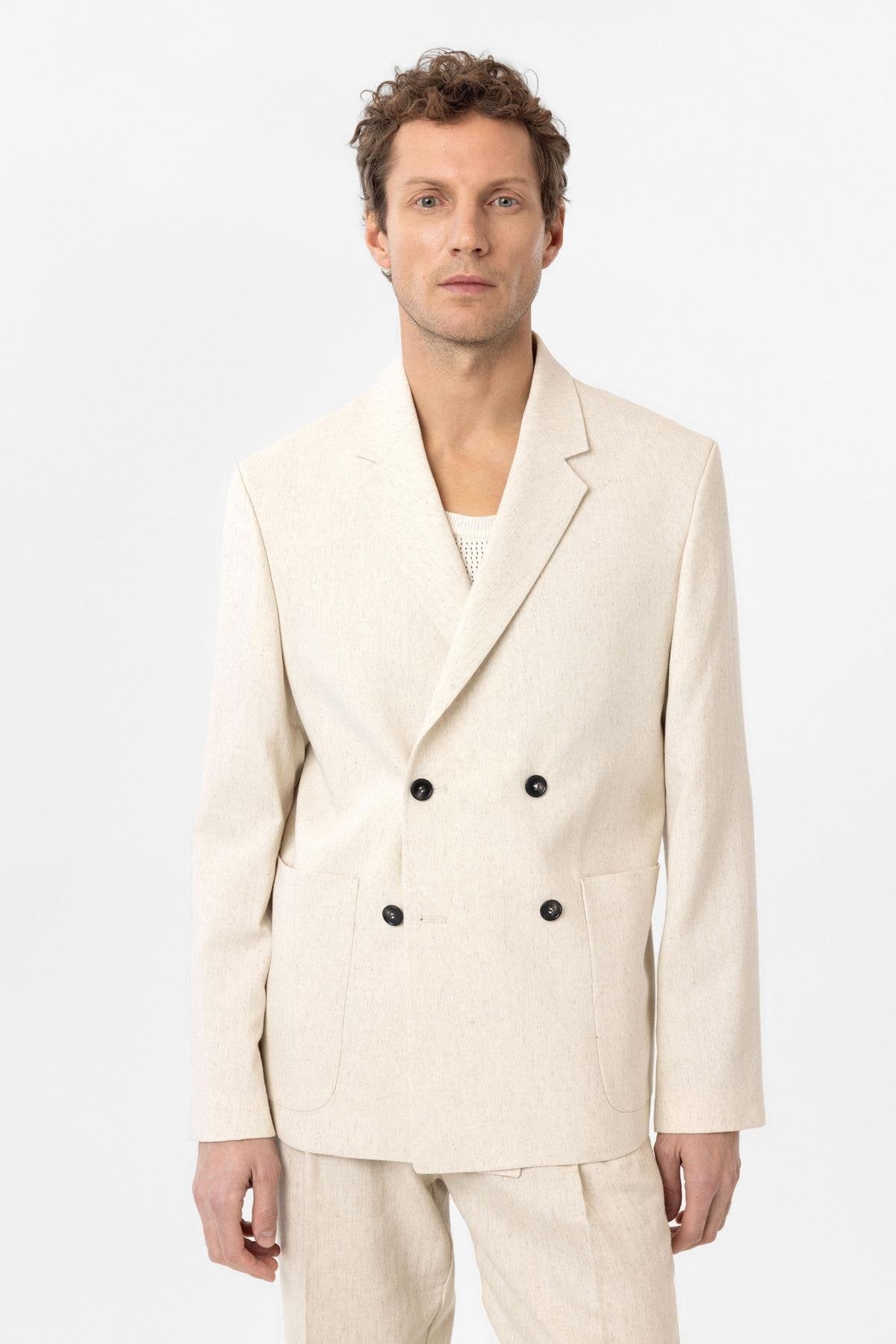 Antioch-Ekru Relax Fit Keten Karışımlı Erkek Blazer Ceket-Blazer Ceket-1-Milagron.com