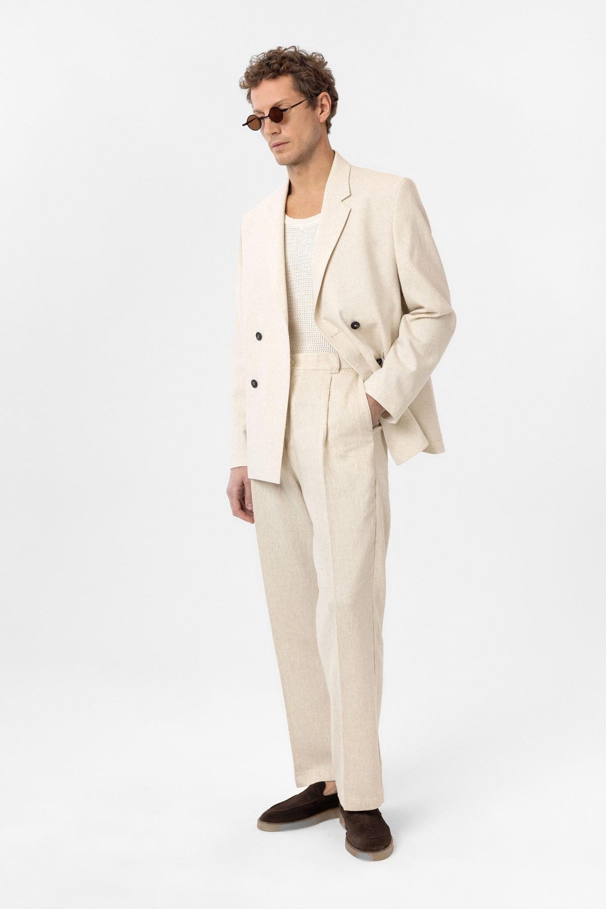 Antioch-Ekru Relax Fit Keten Karışımlı Erkek Blazer Ceket-Blazer Ceket-2-Milagron.com