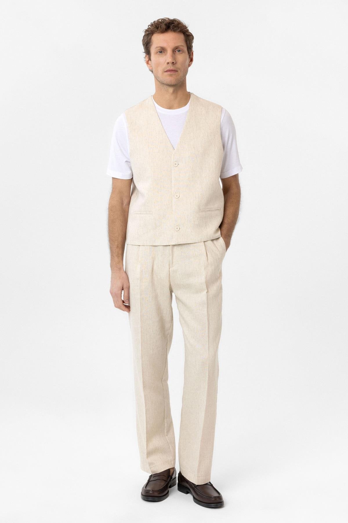 Antioch-Ekru Relax Fit Keten Karışımlı Erkek Yelek-Yelek-2-Milagron.com