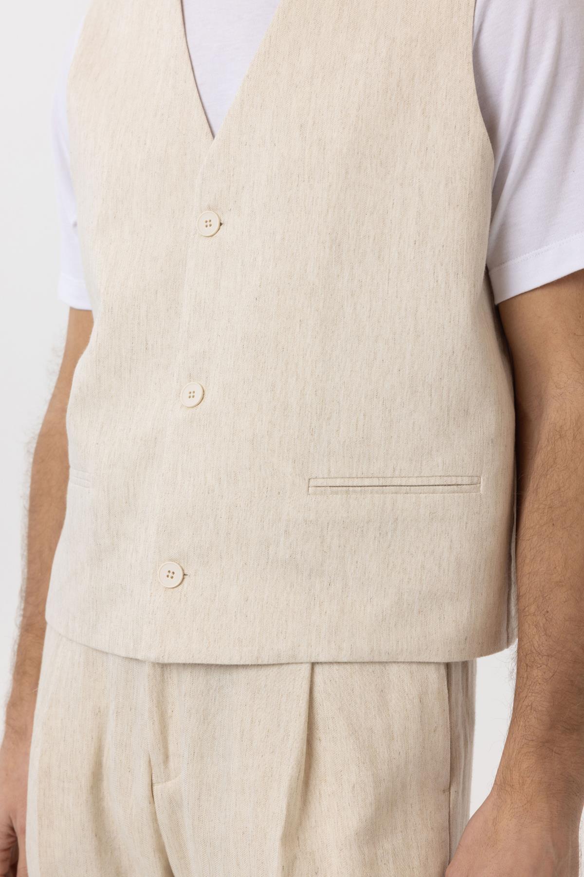 Antioch-Ekru Relax Fit Keten Karışımlı Erkek Yelek-Yelek-3-Milagron.com