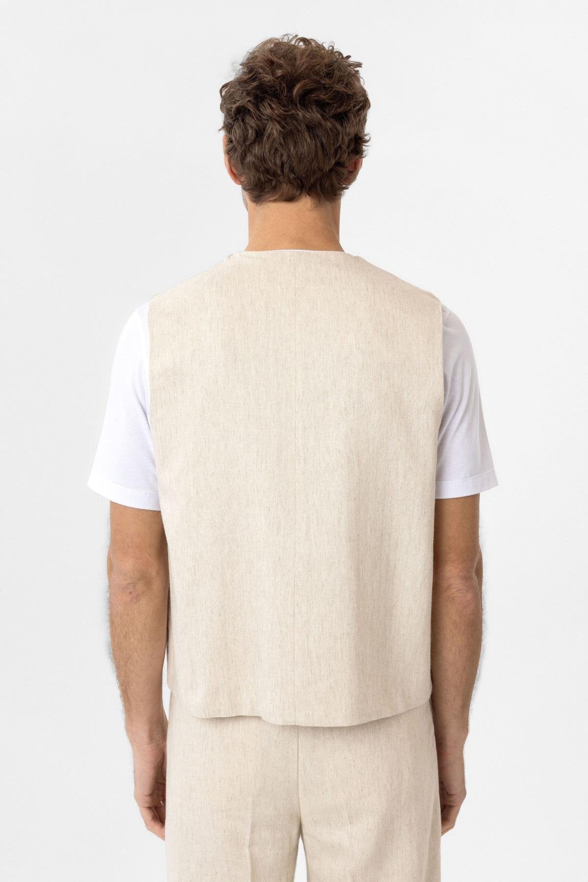 Antioch-Ekru Relax Fit Keten Karışımlı Erkek Yelek-Yelek-4-Milagron.com