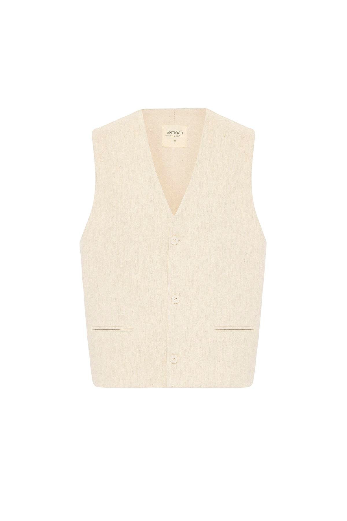 Antioch-Ekru Relax Fit Keten Karışımlı Erkek Yelek-Yelek-5-Milagron.com