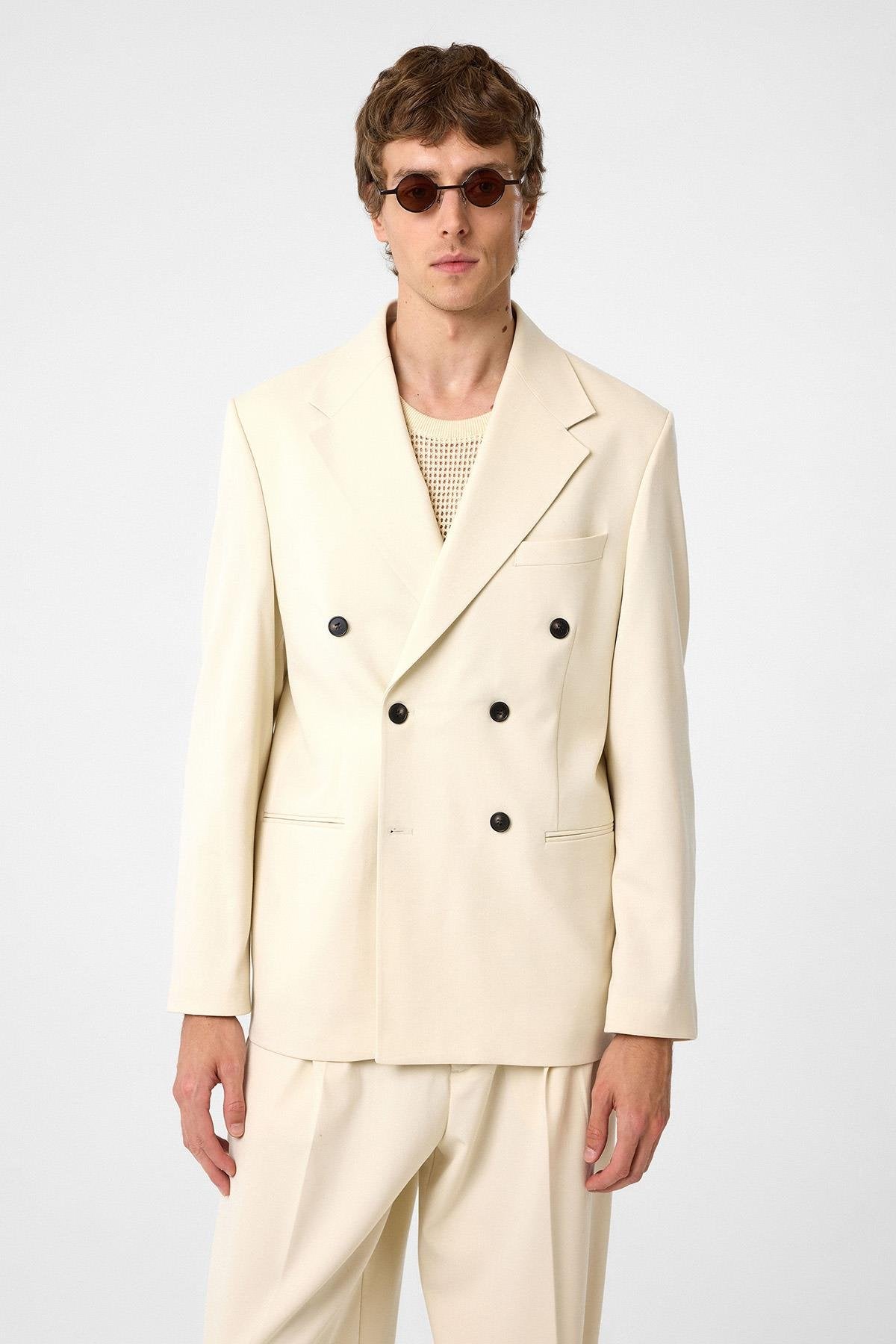 Antioch-Ekru Relax Fit Kruvaze Erkek Blazer Ceket-Blazer Ceket-1-Milagron.com