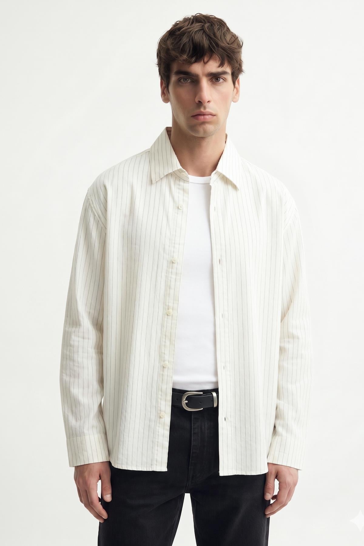 Antioch Ekru Relaxed Fit Çizgili Erkek Gömlek