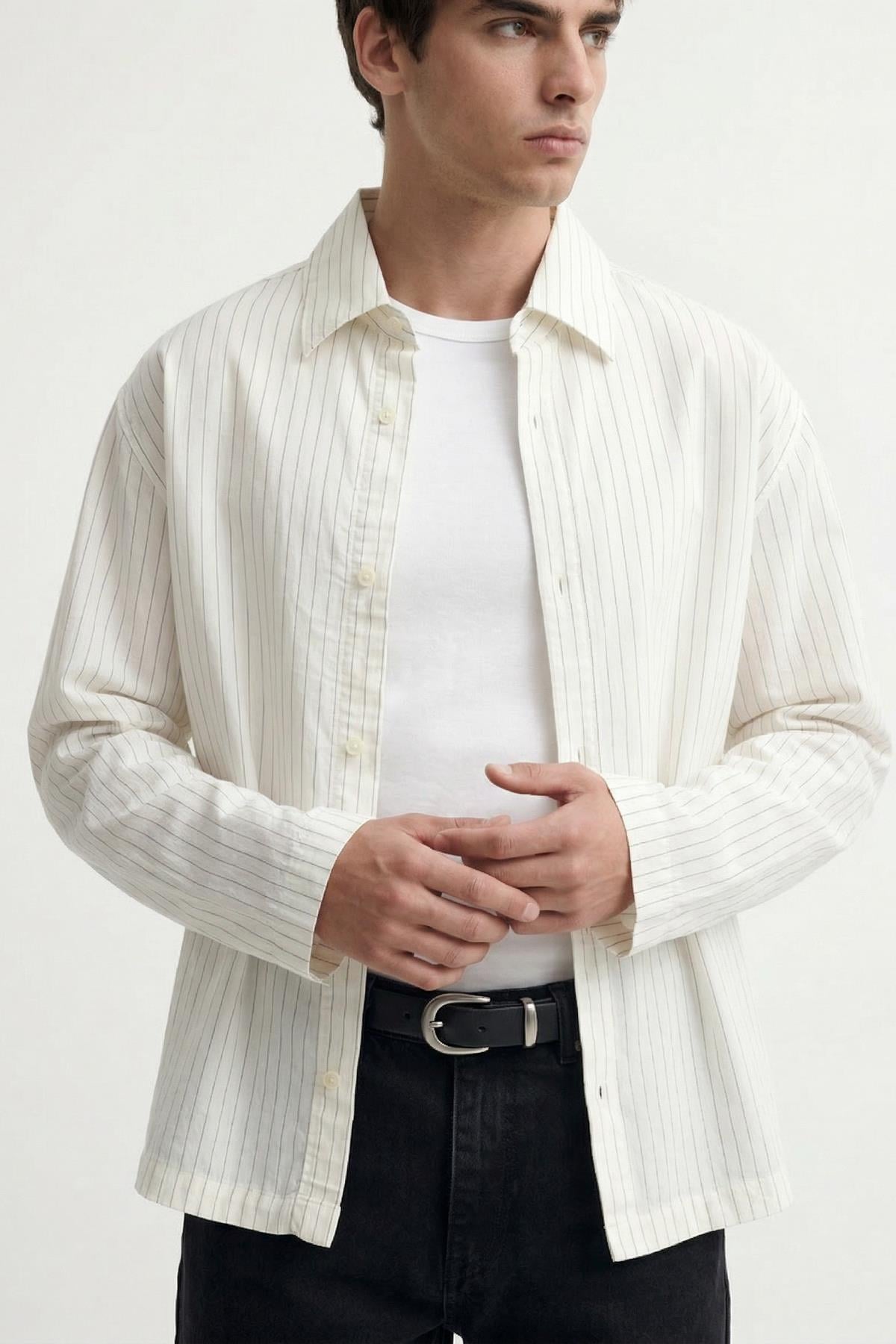 Antioch Ekru Relaxed Fit Çizgili Erkek Gömlek