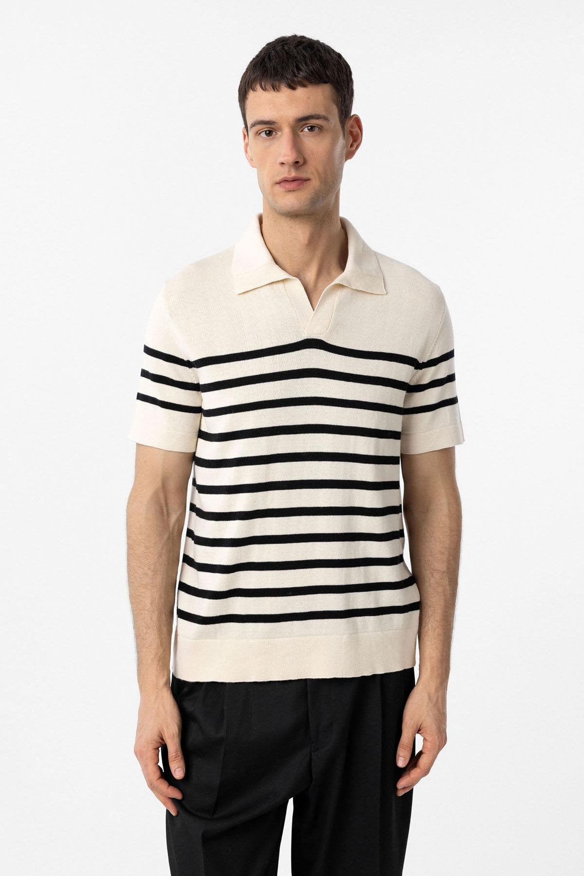 Antioch-Ekru Siyah Polo Yaka Çizgili Erkek Triko T Shirt-T-Shirts-1-Milagron.com