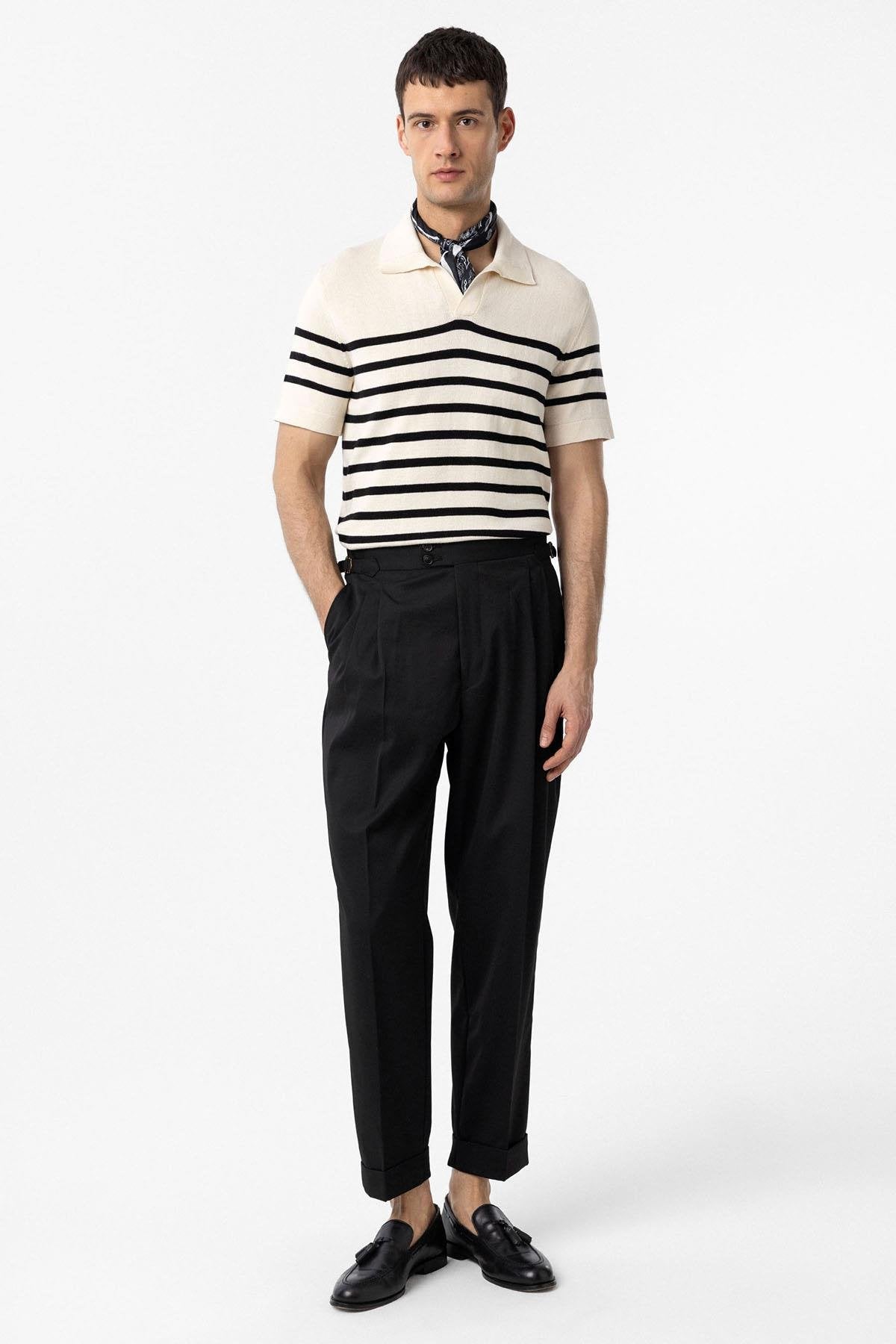 Antioch-Ekru Siyah Polo Yaka Çizgili Erkek Triko T Shirt-T-Shirts-2-Milagron.com
