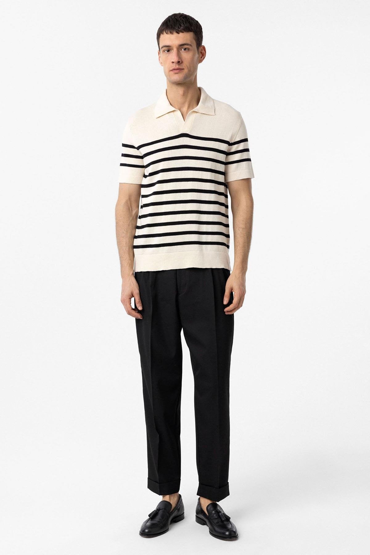 Antioch-Ekru Siyah Polo Yaka Çizgili Erkek Triko T Shirt-T-Shirts-3-Milagron.com
