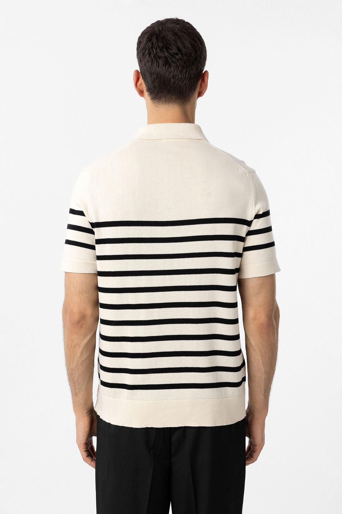 Antioch-Ekru Siyah Polo Yaka Çizgili Erkek Triko T Shirt-T-Shirts-5-Milagron.com