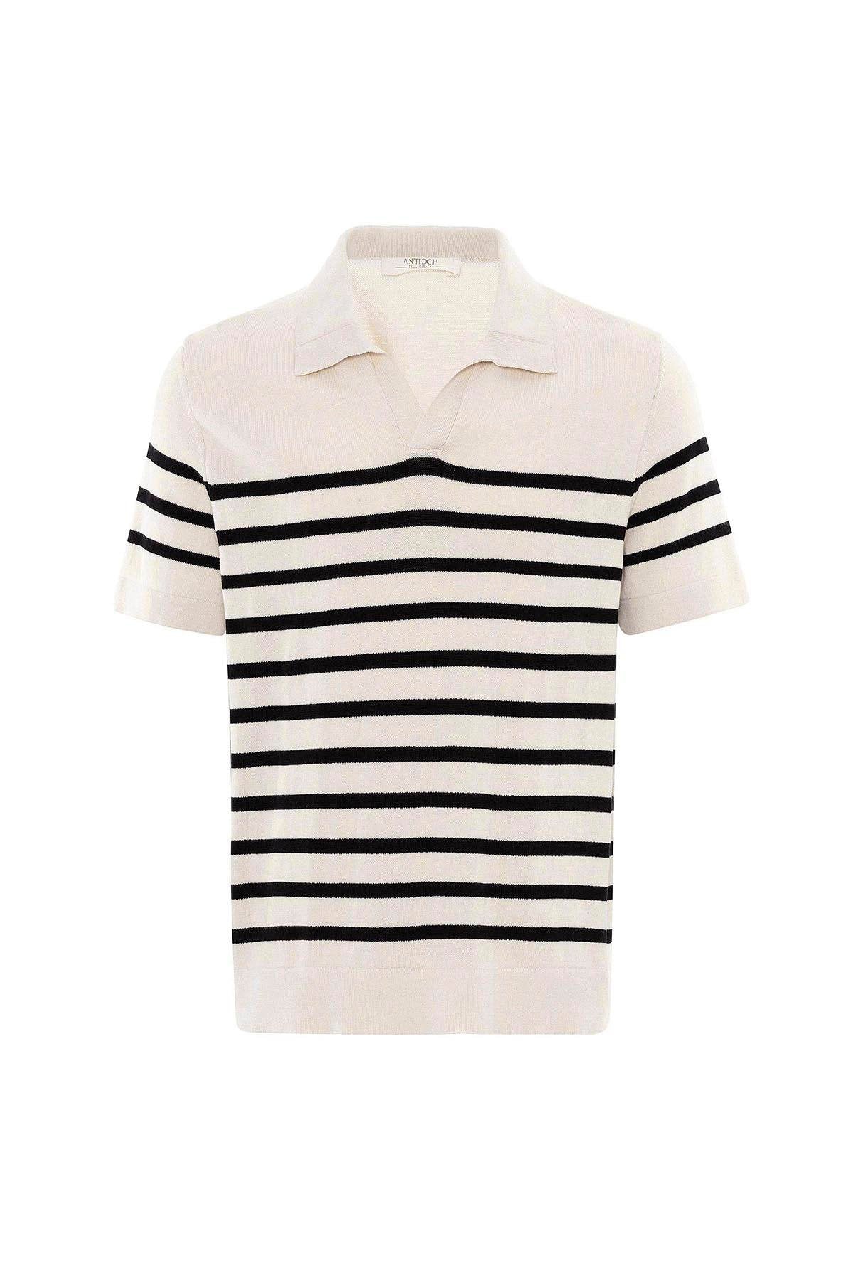 Antioch-Ekru Siyah Polo Yaka Çizgili Erkek Triko T Shirt-T-Shirts-6-Milagron.com