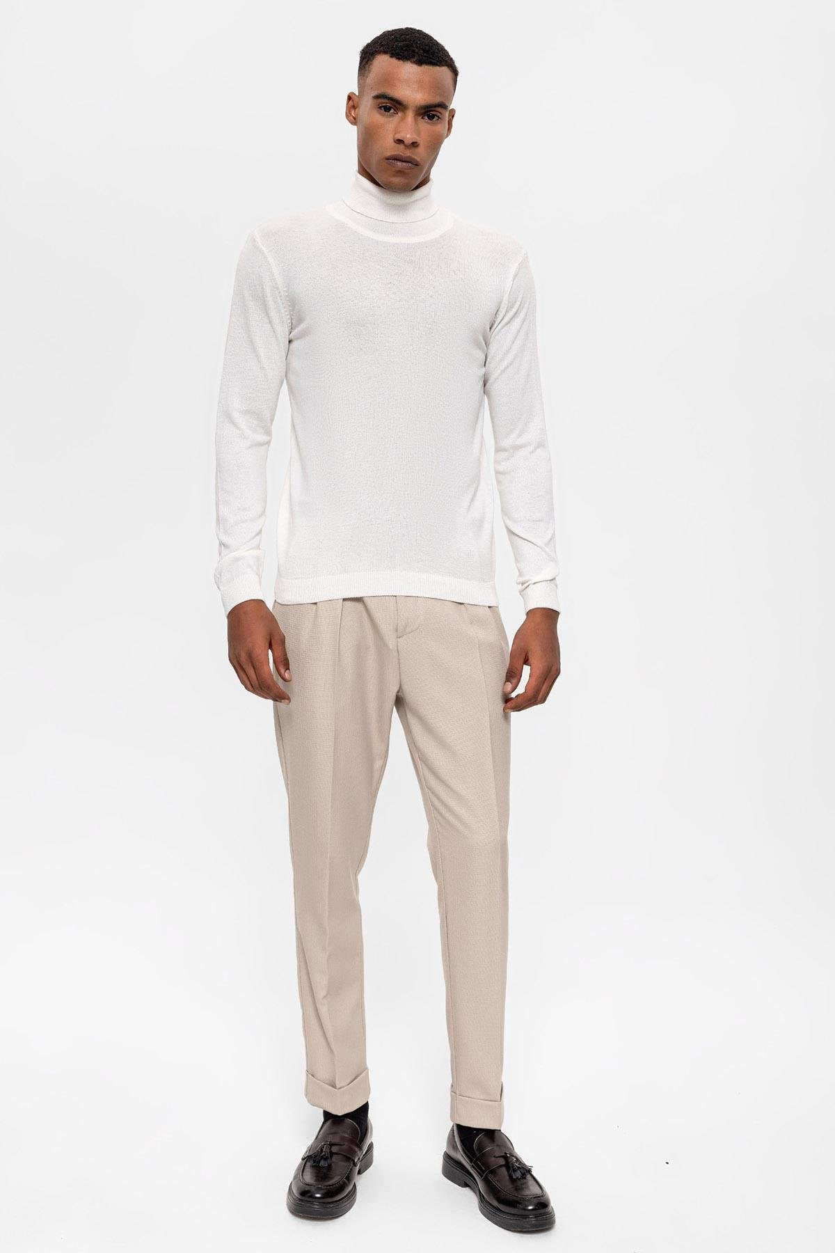 Antioch-Ekru Tam Boğazlı Erkek Triko-Kazak & Triko-2-Milagron.com