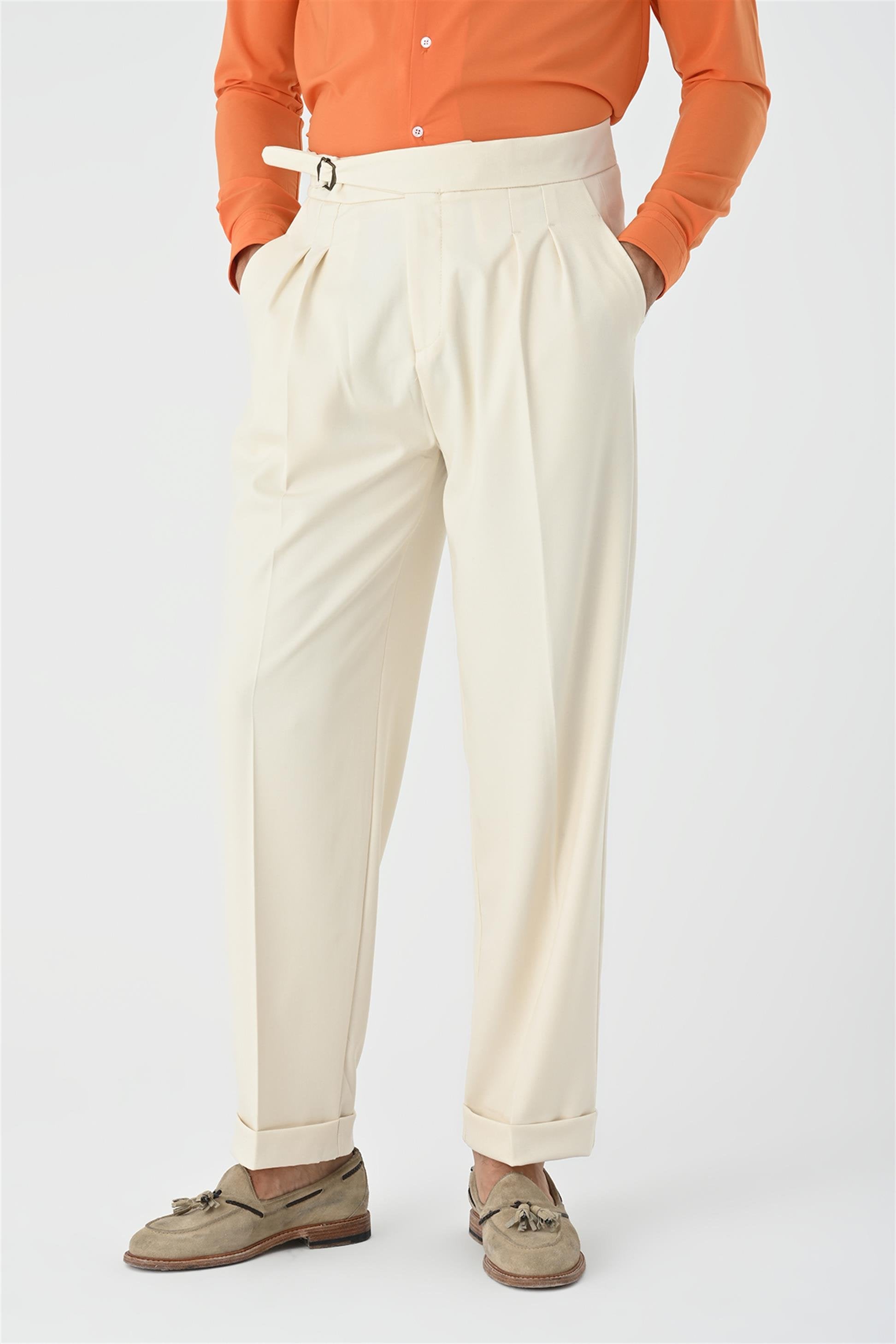 Antioch-Ekru Toka Detaylı Pileli Yüksek Bel Erkek Pantolon-Kumaş Pantolon-2-Milagron.com