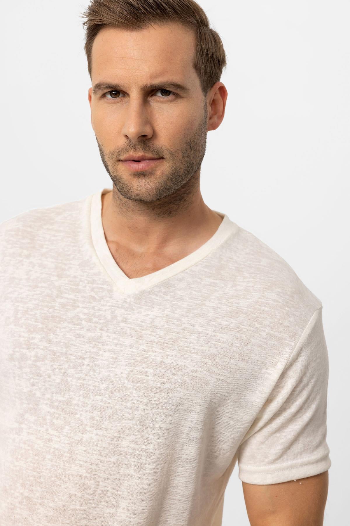 Antioch-Ekru V Yaka Basic Erkek T Shirt-T-Shirts-3-Milagron.com