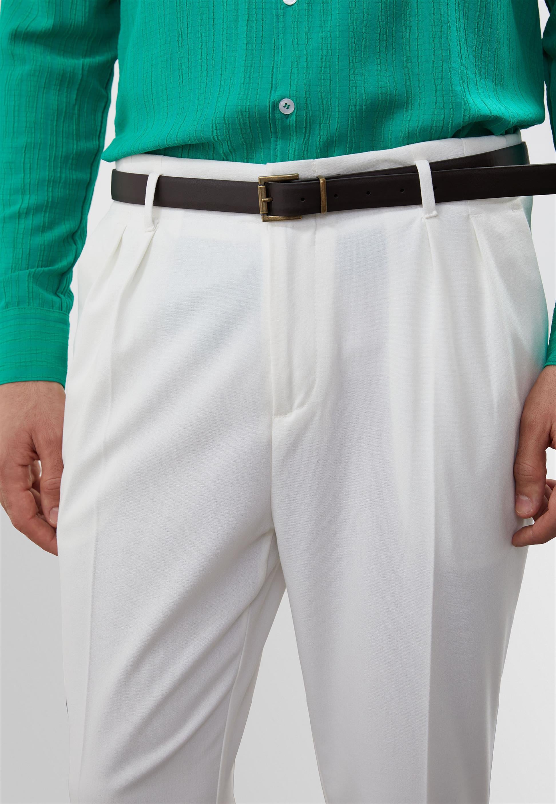 Antioch-Ekru Yüksek Bel Kemerli Pantolon-Pantolon-2-Milagron.com