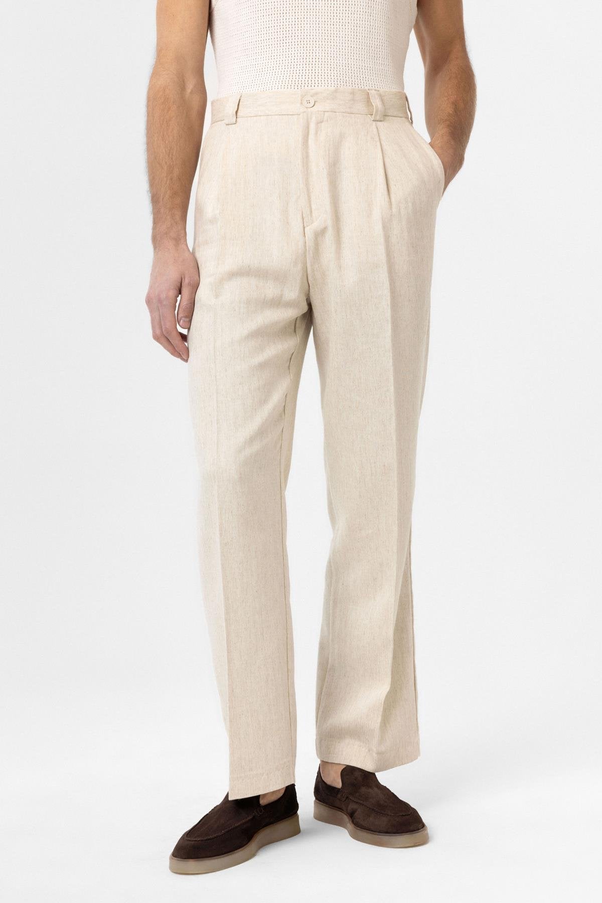 Antioch-Ekru Yüksek Bel Keten Karışımlı Erkek Pantolon-Kumaş Pantolon-1-Milagron.com