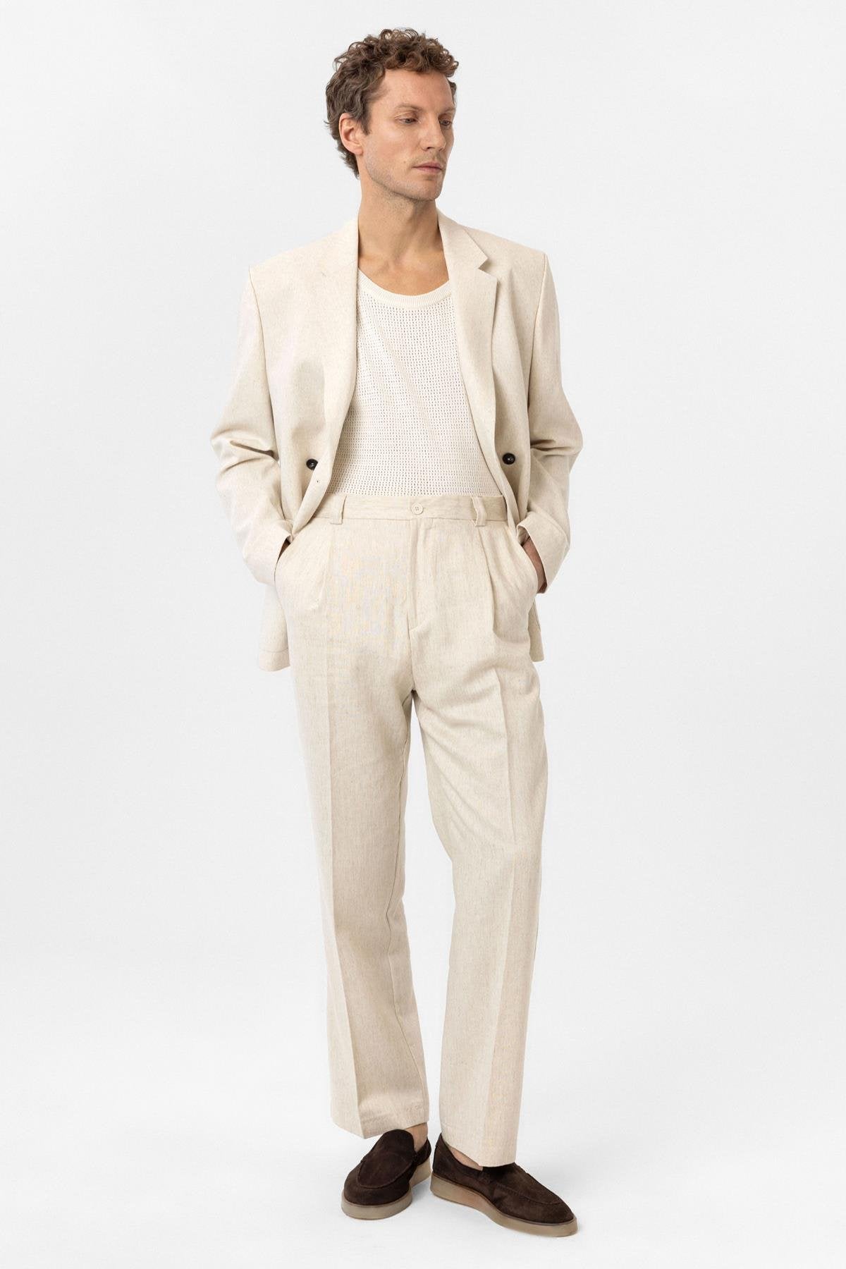 Antioch-Ekru Yüksek Bel Keten Karışımlı Erkek Pantolon-Kumaş Pantolon-2-Milagron.com