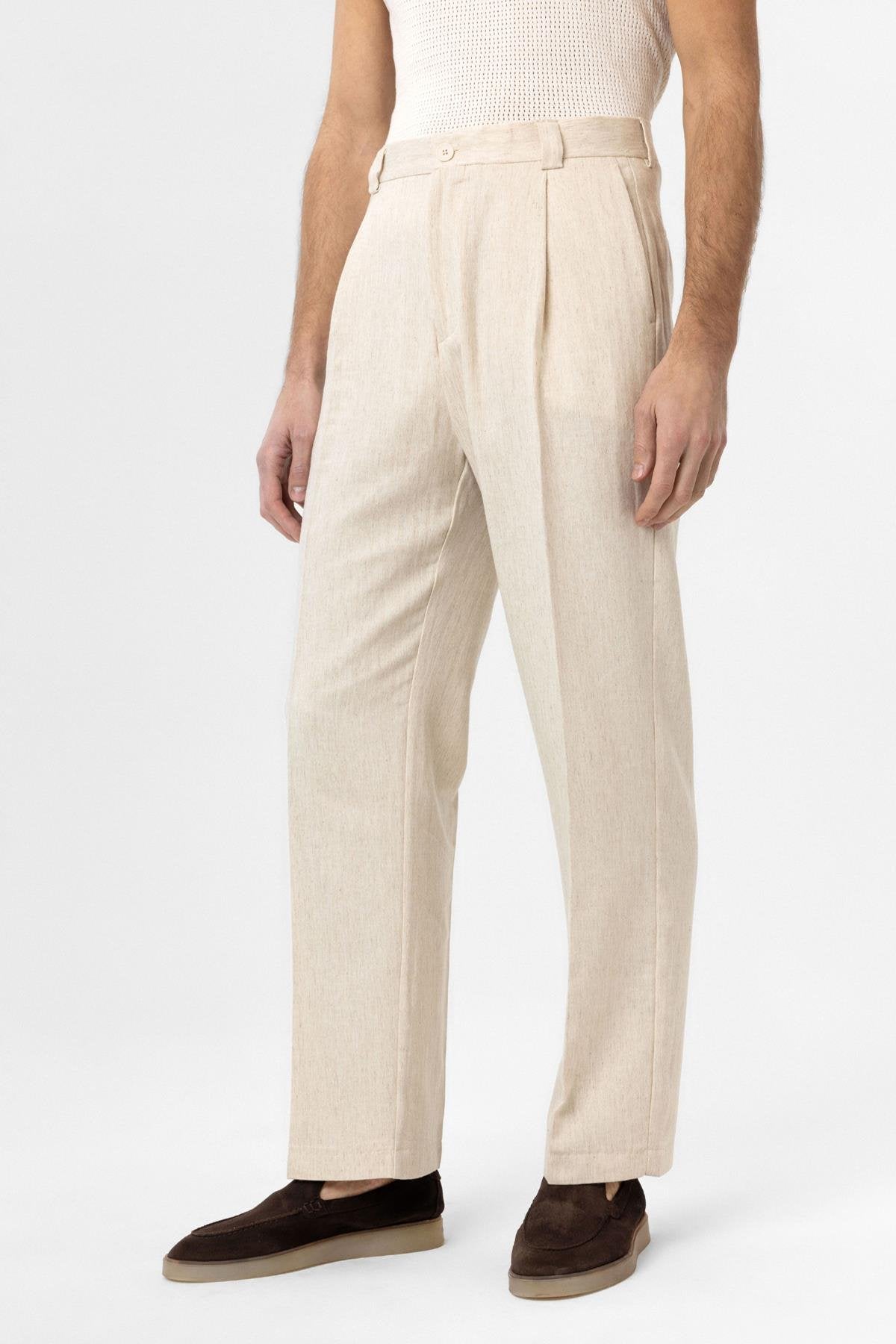Antioch-Ekru Yüksek Bel Keten Karışımlı Erkek Pantolon-Kumaş Pantolon-3-Milagron.com