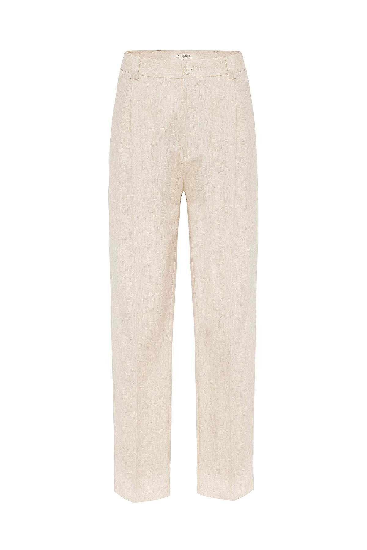 Antioch-Ekru Yüksek Bel Keten Karışımlı Erkek Pantolon-Kumaş Pantolon-6-Milagron.com